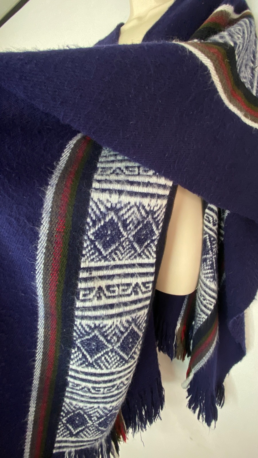 Vintage 1970s blue alpaca wool poncho long striped fringe unisex boho blanket