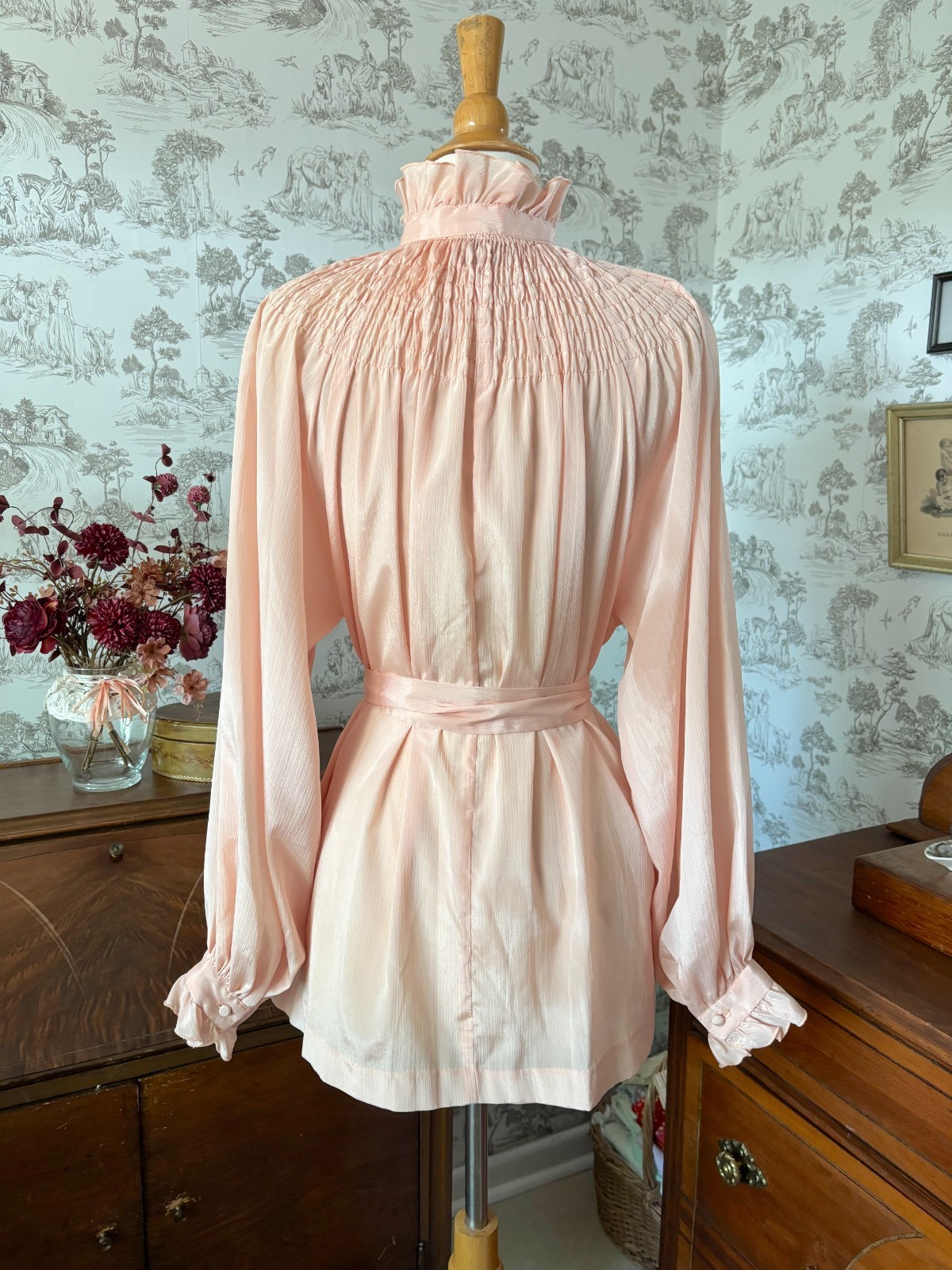 Vintage 70s The French Clique Pink Ruffle Smocked Button Down Blouse: Coquette