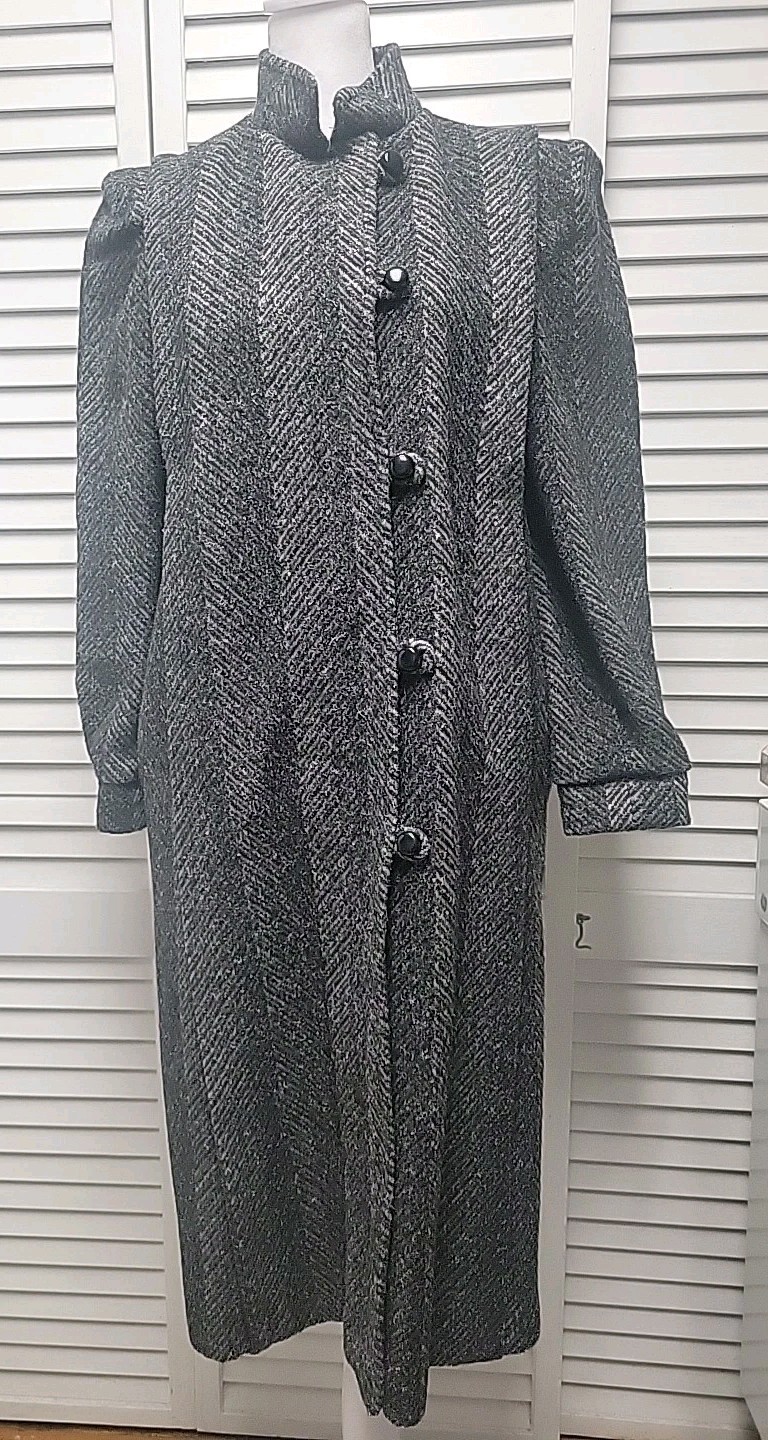 Vtg Herringbone Tweed Chevron Gray Wool Coat Puff Sleeve 80’s EUC USA SZ 7