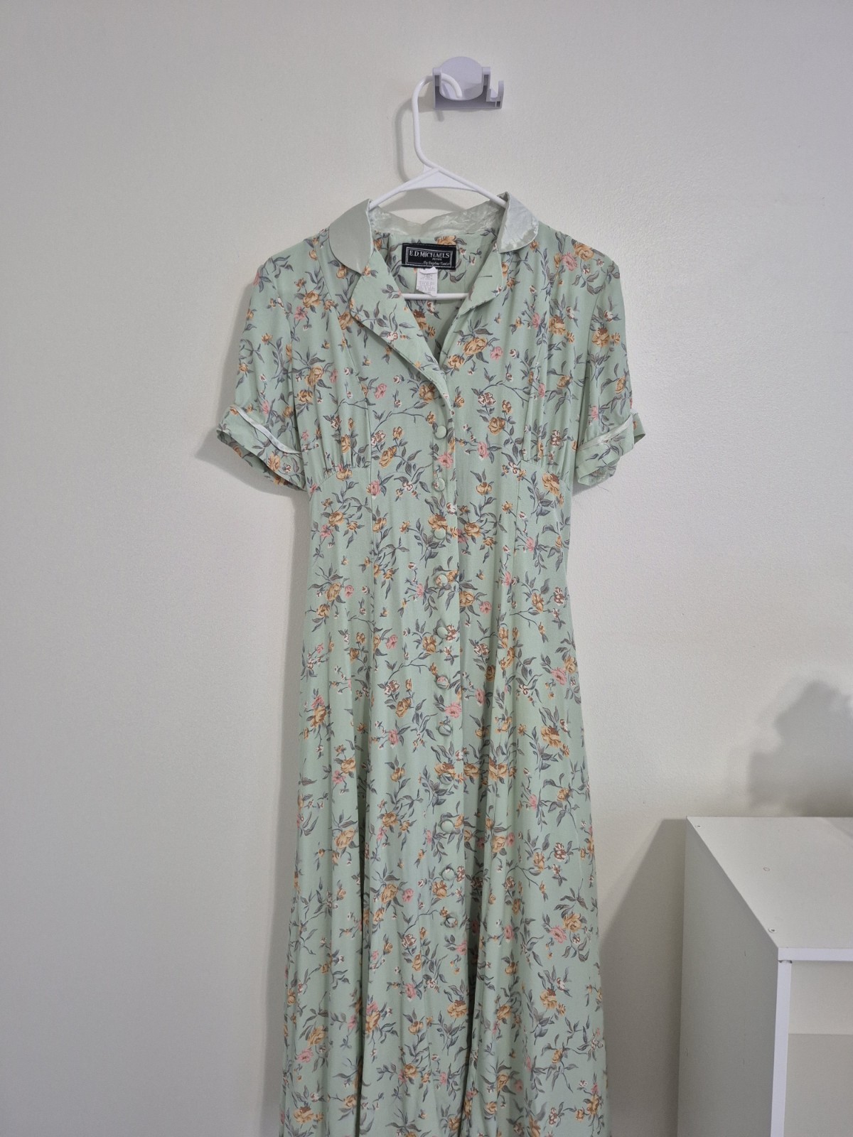 Vintage 80s Ed Michaels Rayon Tea Dress Mint Green Floral Cottagecore Midi M/L