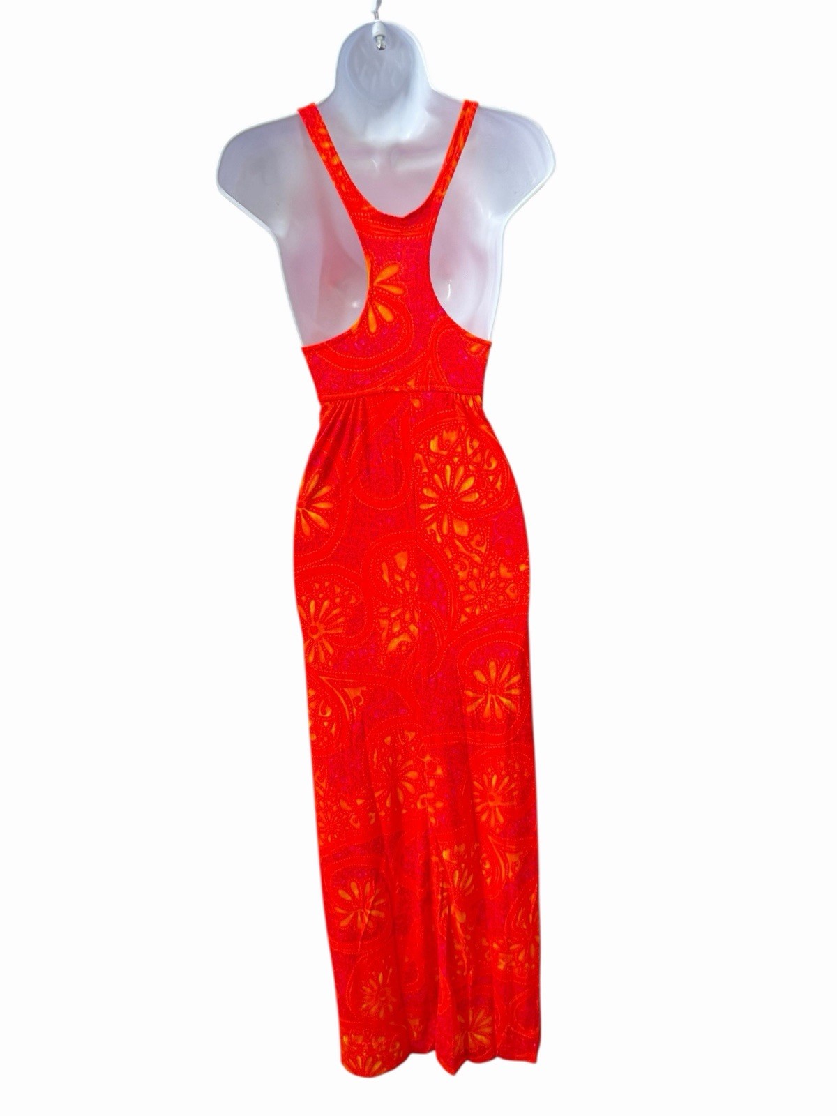 Vtg 70s Tropical Psychedelic Print Maxi Dress Xs/S Orange Sleeveless Stretch