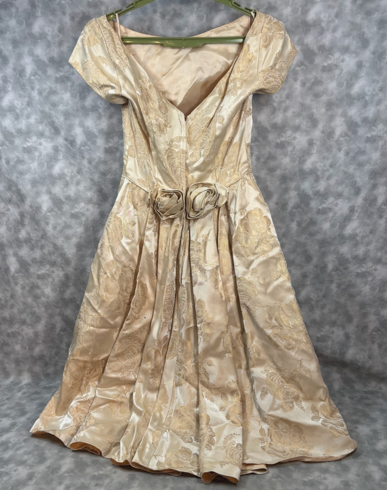 1950s Vtg Satin Brocade Formal Gown XS Champagne Rosette Waist Hand Made