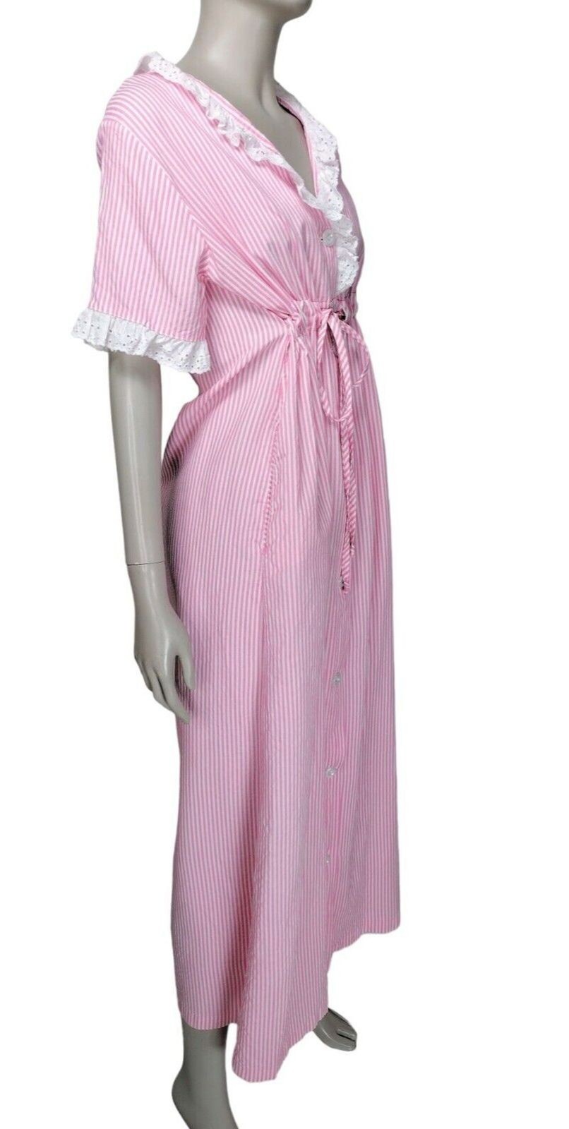 Vintage 50s Carol Brent Pink Candy Stripe Lace Belted Nightgown Robe House Dress