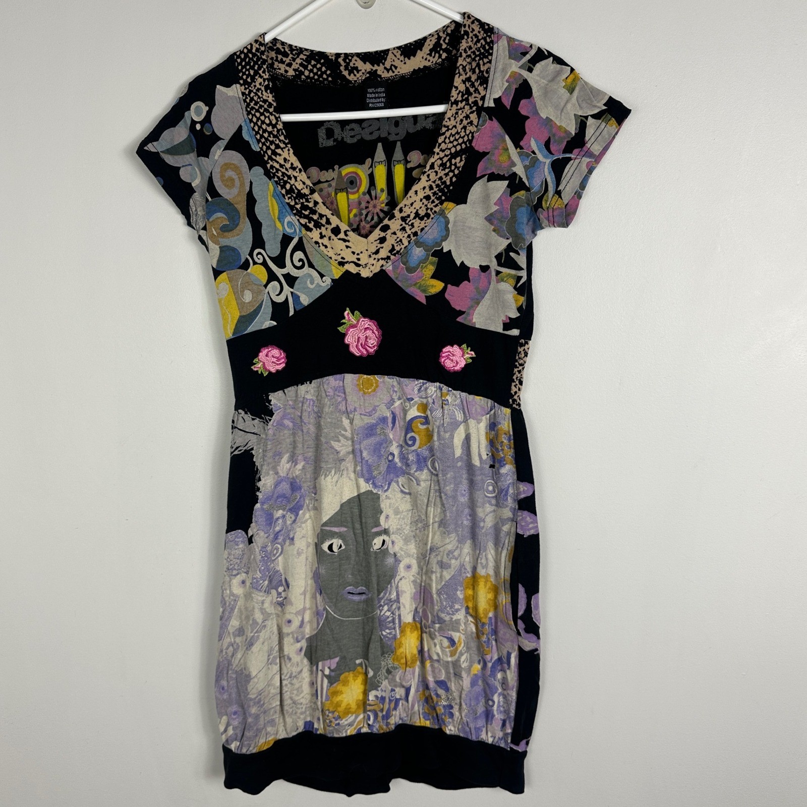 Desigual Y2K Floral Mini Dress Womens Size Large Pockets V-Neck Art Deco 11V2110