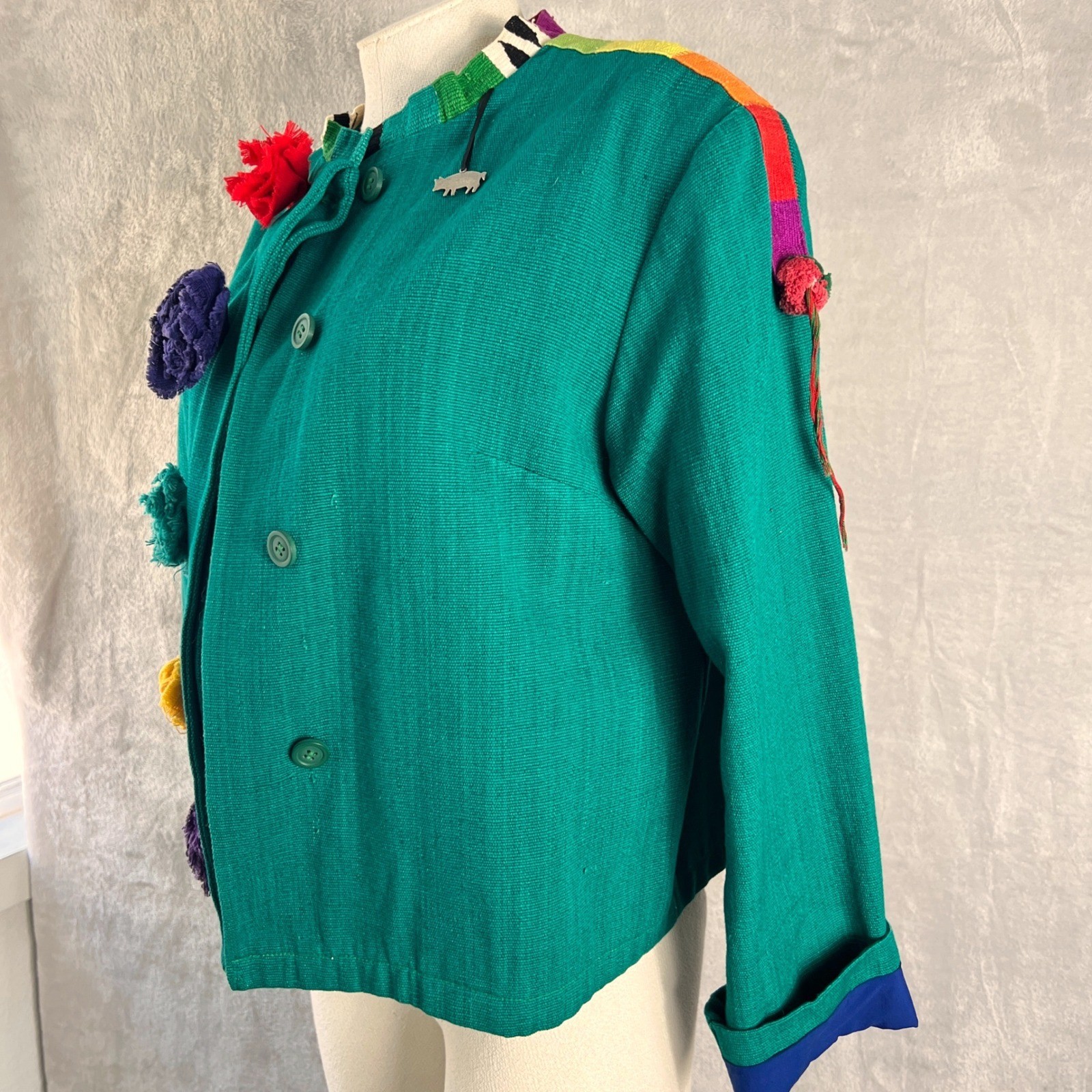 Vintage Women’s Art To Wear Pom Pom Jacket Green size Medium colorful funky