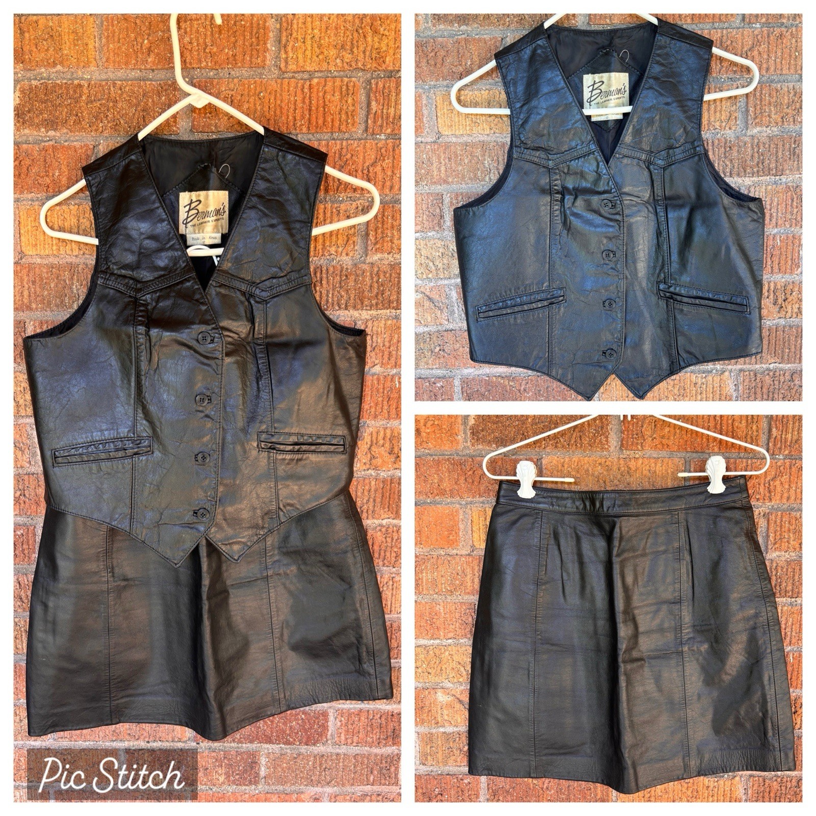 Vintage Bermans Black Leather Button Up Vest & Mini Skirt Set Sz 12 S Biker Goth