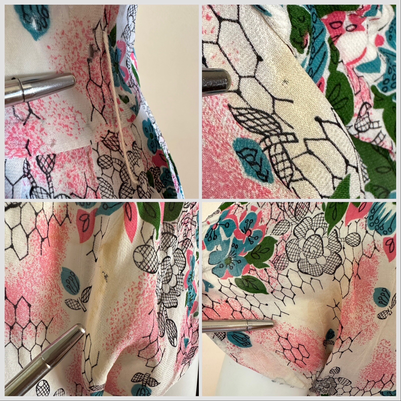 Vintage 1940s Floral Crepe Day Dress Big Collar Novelty Print Pink Blue Small