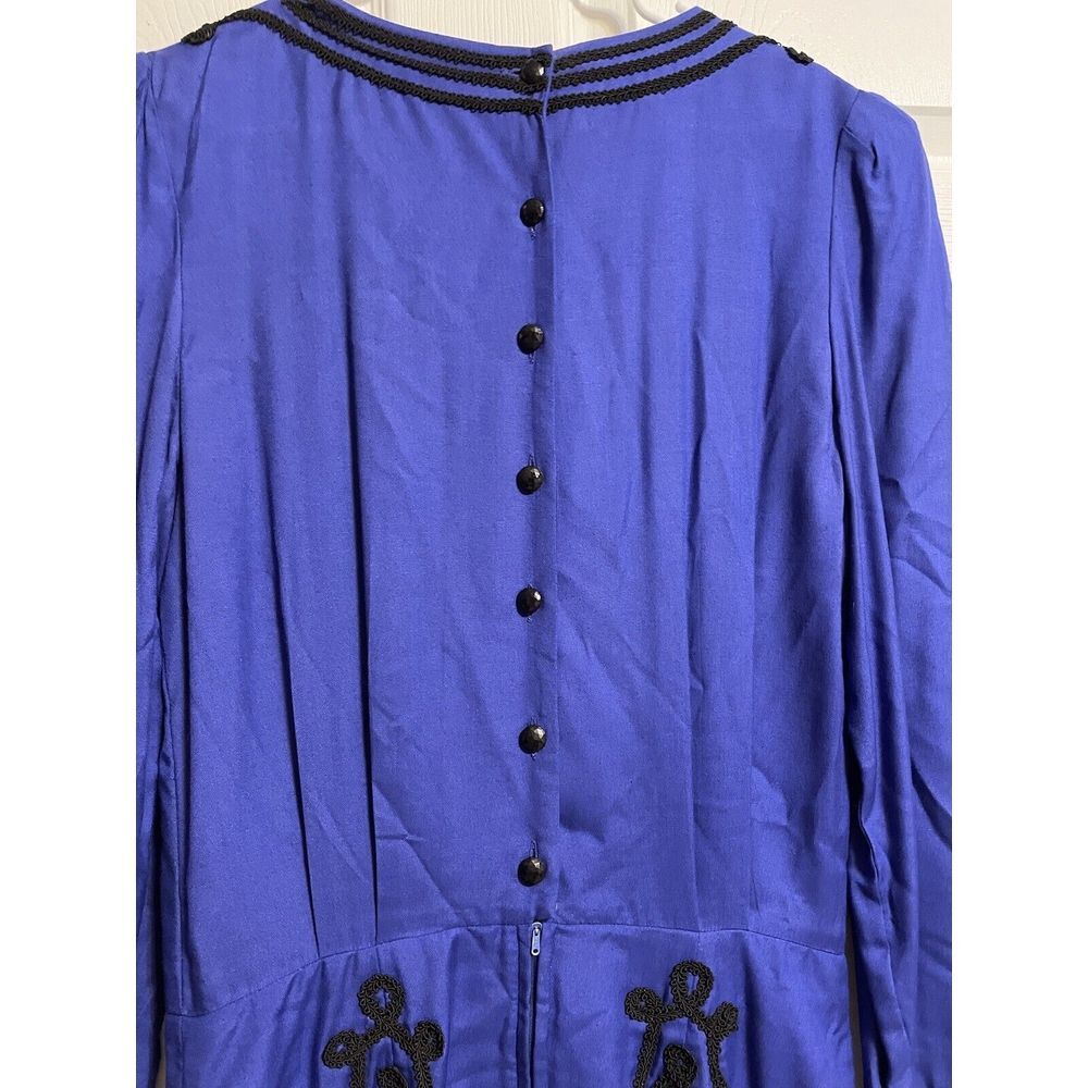 Vtg Sarah Elizabeth Sapphire Blue Long Dress Black Cord Detail Button Back Sz 12