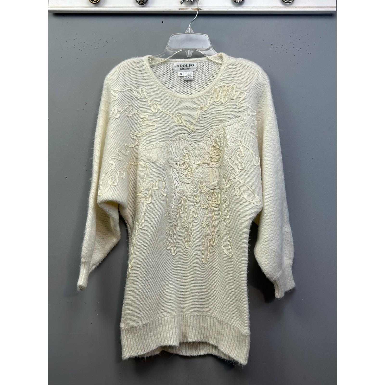 Adolfo Sweater Womens Small Ivory Vintage Batwing Faux Pearl Embroidered 80’s