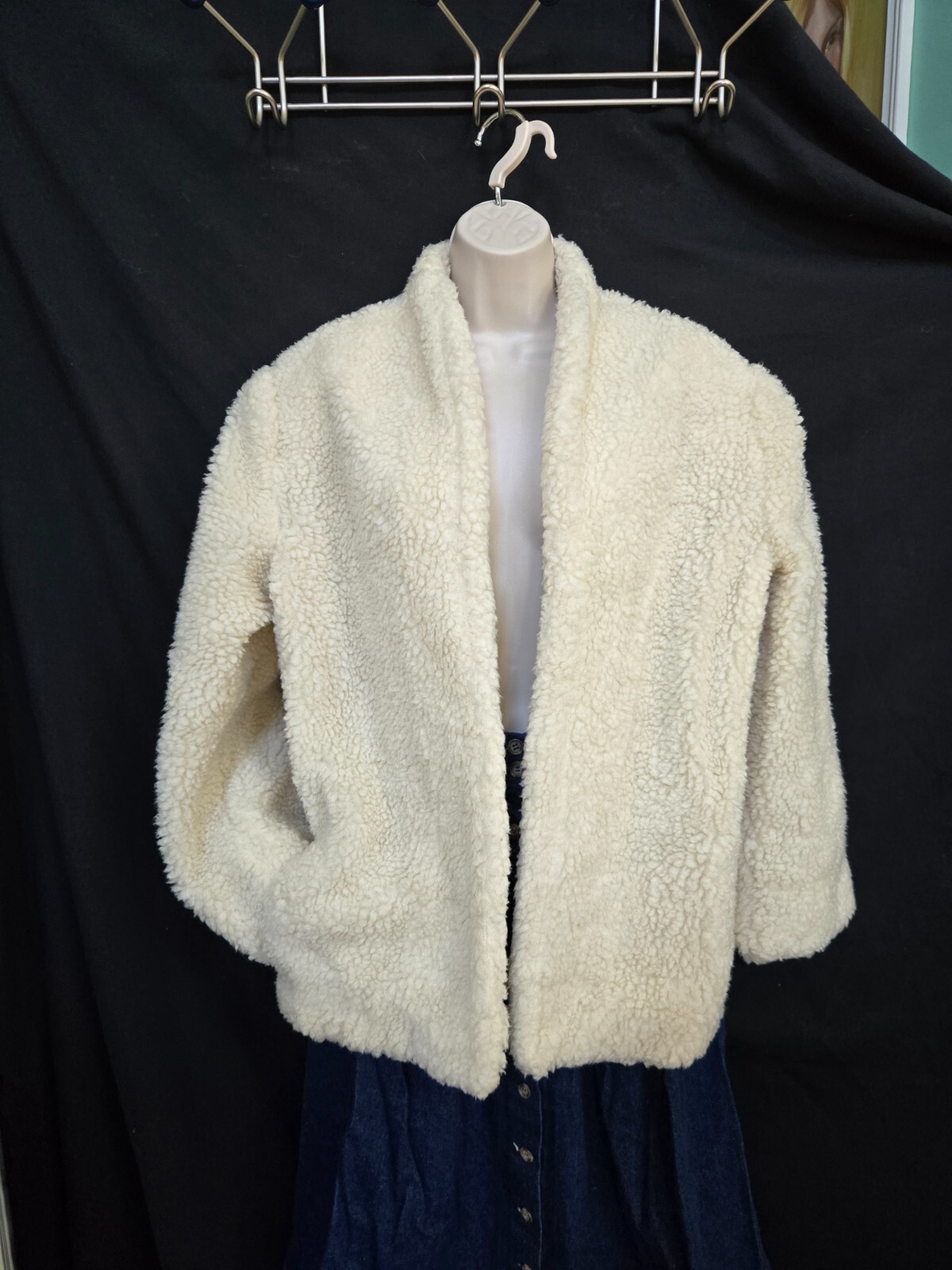 Vtg Soft Thick Cozy Faux Sherpa Handmade Lined Open Front Retro Short Coat M-L?