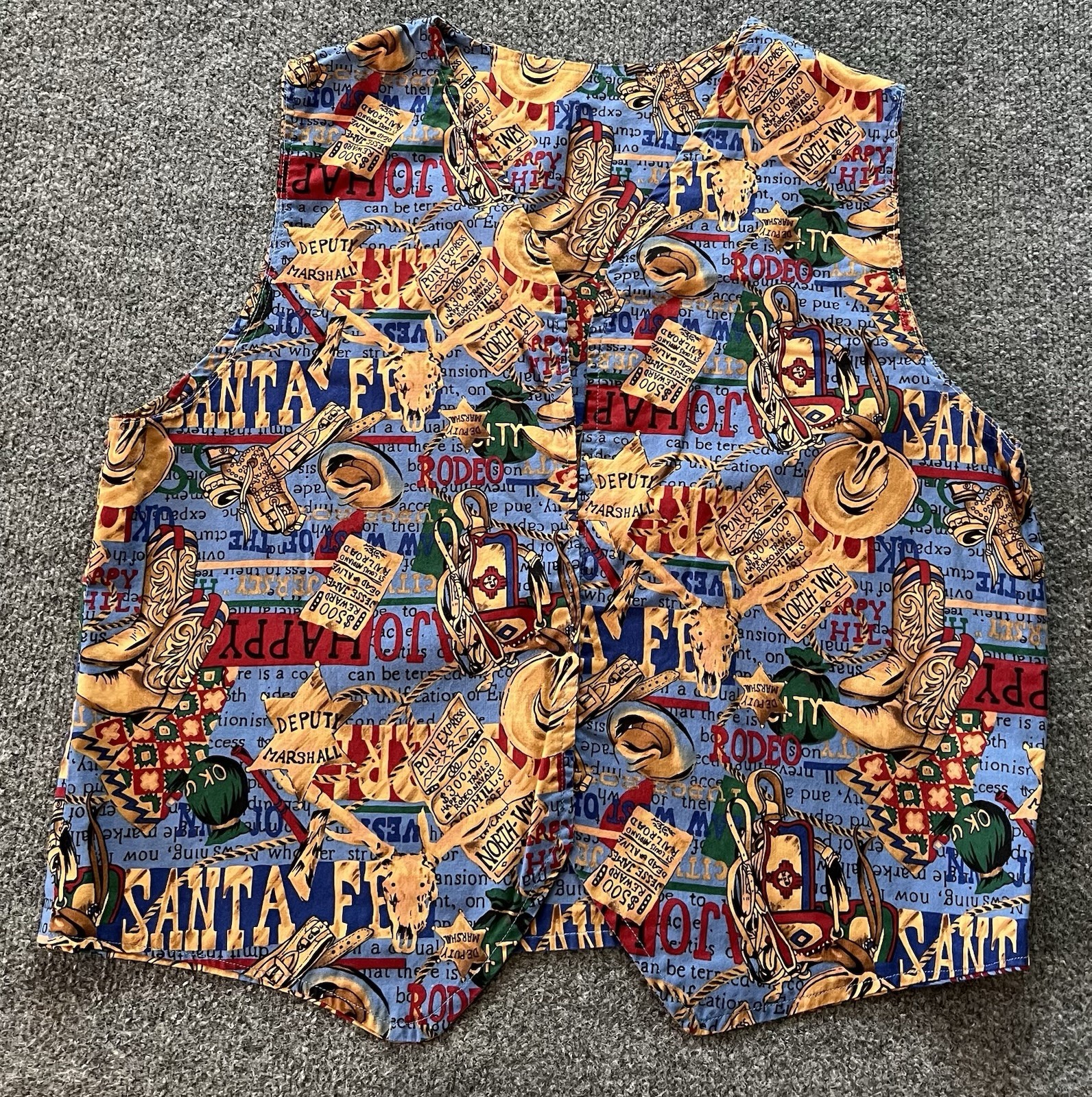 Vintage Womens Handmade Open Front Vest Size XL Western Santa Fe Cowboy Print