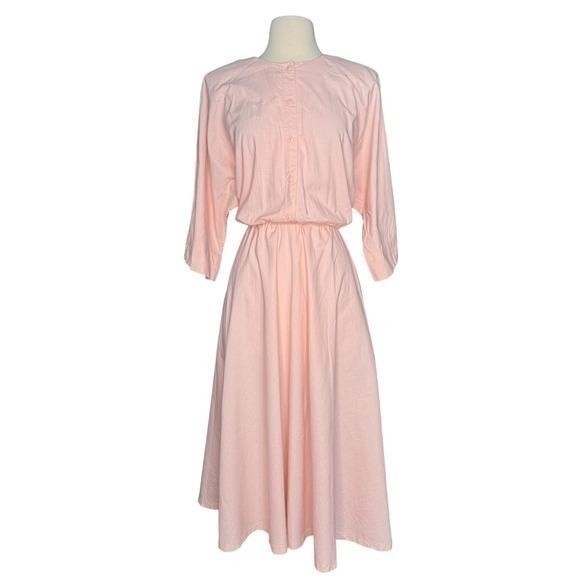 Vintage 80’s Cotton Large-XL Pink A-line Midi/Long Dress Spring Summer Dress