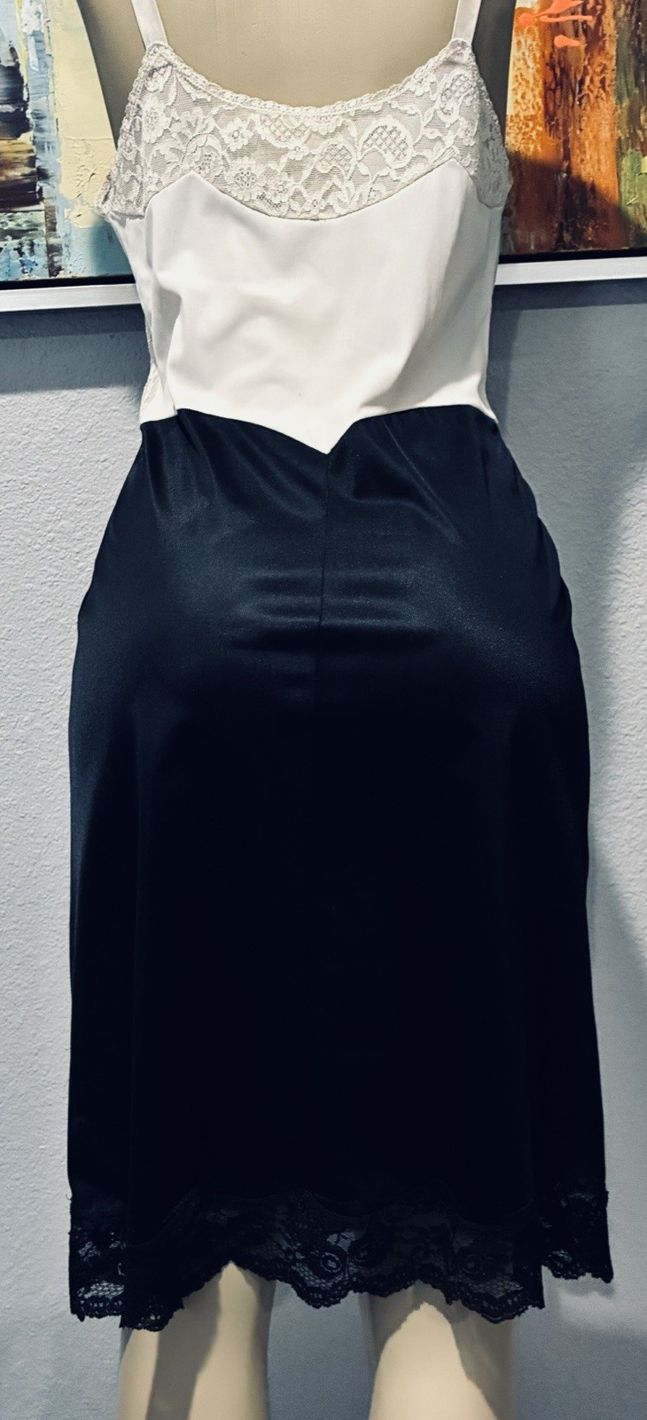 Vtg Vanity Fair Tuxedo Ivory Lace Black Dress Nylon Slip 34 S