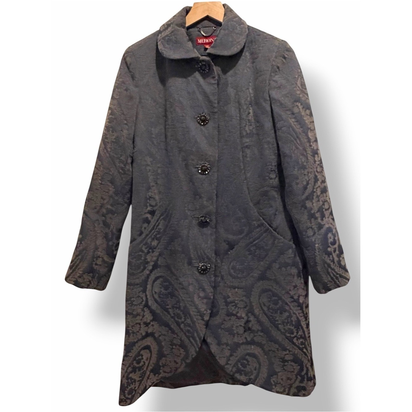 Silvery Blue Gray Jacquard Long Coat SM Jeweled Buttons Goth Steampunk Victorian