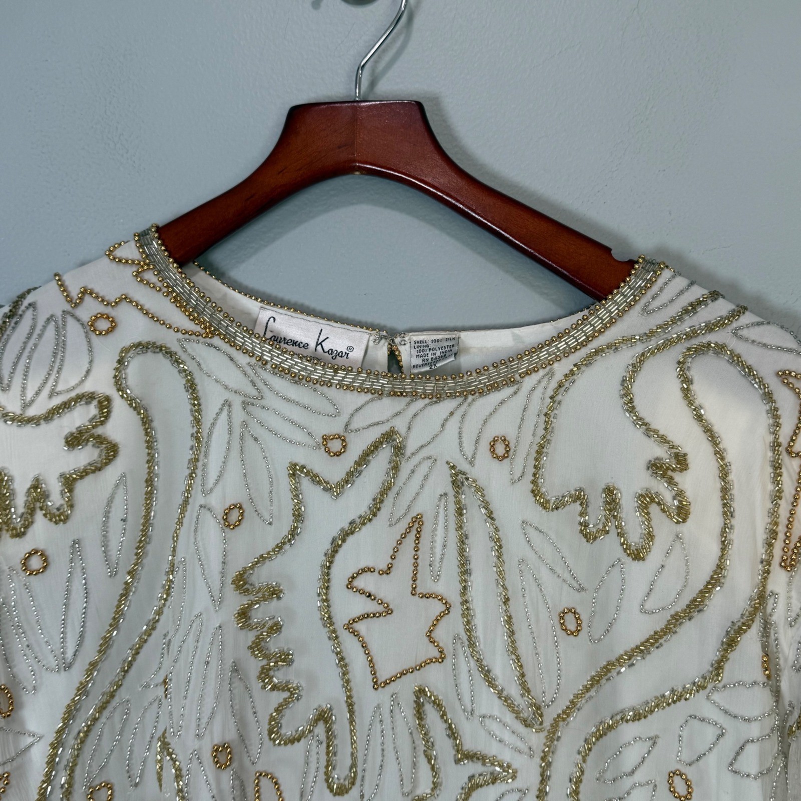 Laurence Kazar VTG Silk Beaded Sequin Blouse White Gold Silver 2X Evening Top