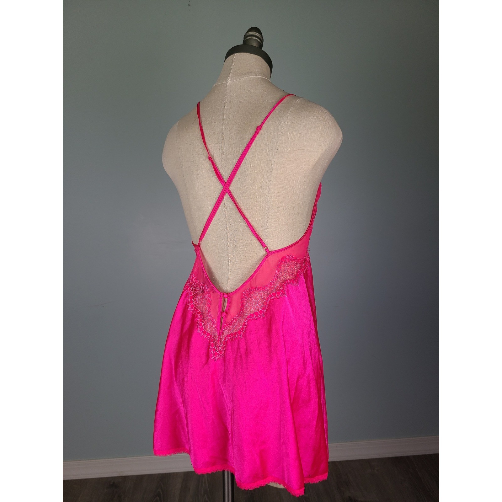 Victoria’s Secret Sz S Mini Slip Dress Hot Neon Pink Lacy Backless Y2K Bimbocore