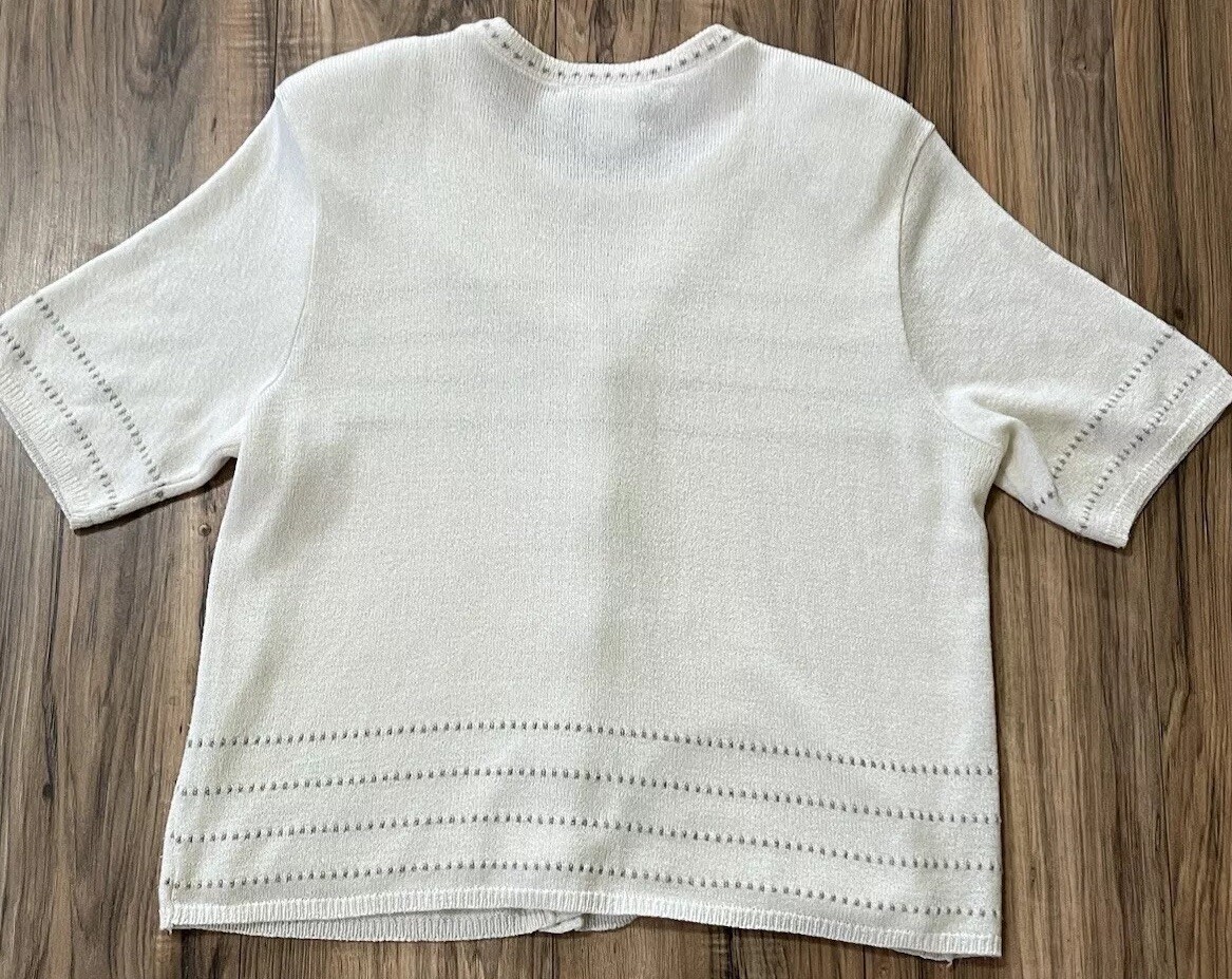 Vtg N Touch Women’s Size L Ivory Cardigan Sweater Short Sleeve W/Shoulder Pads