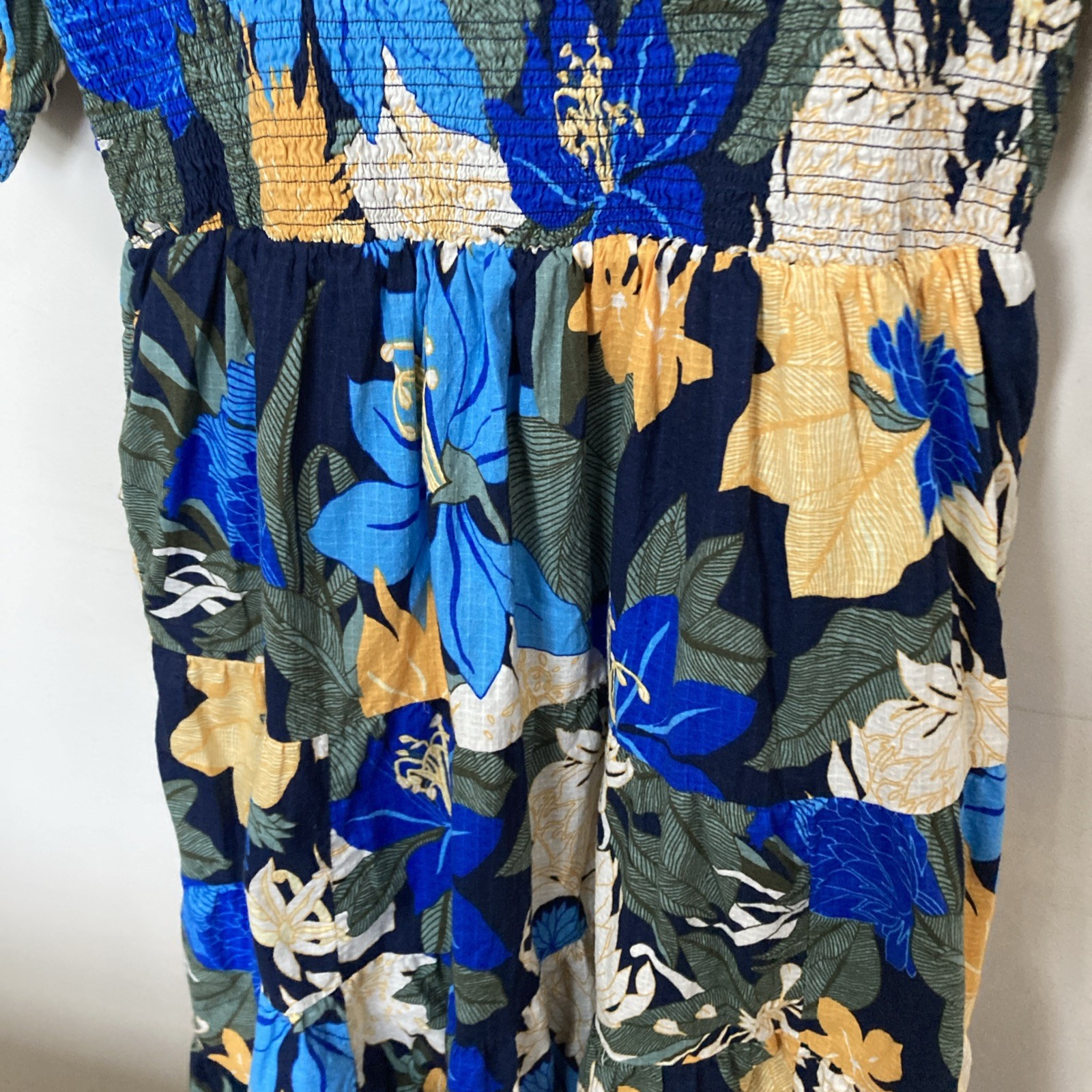 Land’s End Women’s Smocked Peasant Dress L/P 14-16 Blue Yellow Cotton Lined Vtg