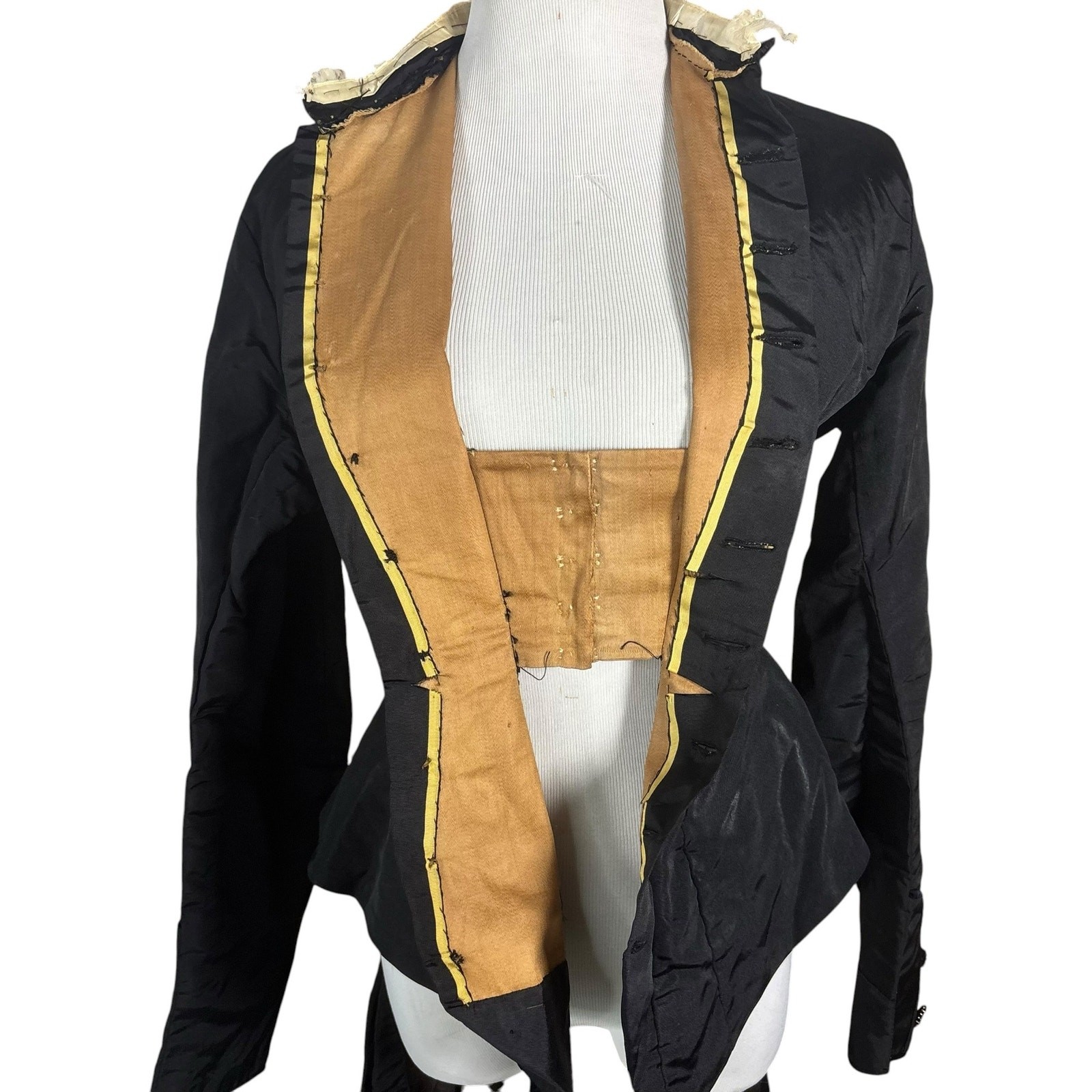 Antique 1890s Victorian Black Silk Mourning Coat Jet Beaded Tailcoat Jacket