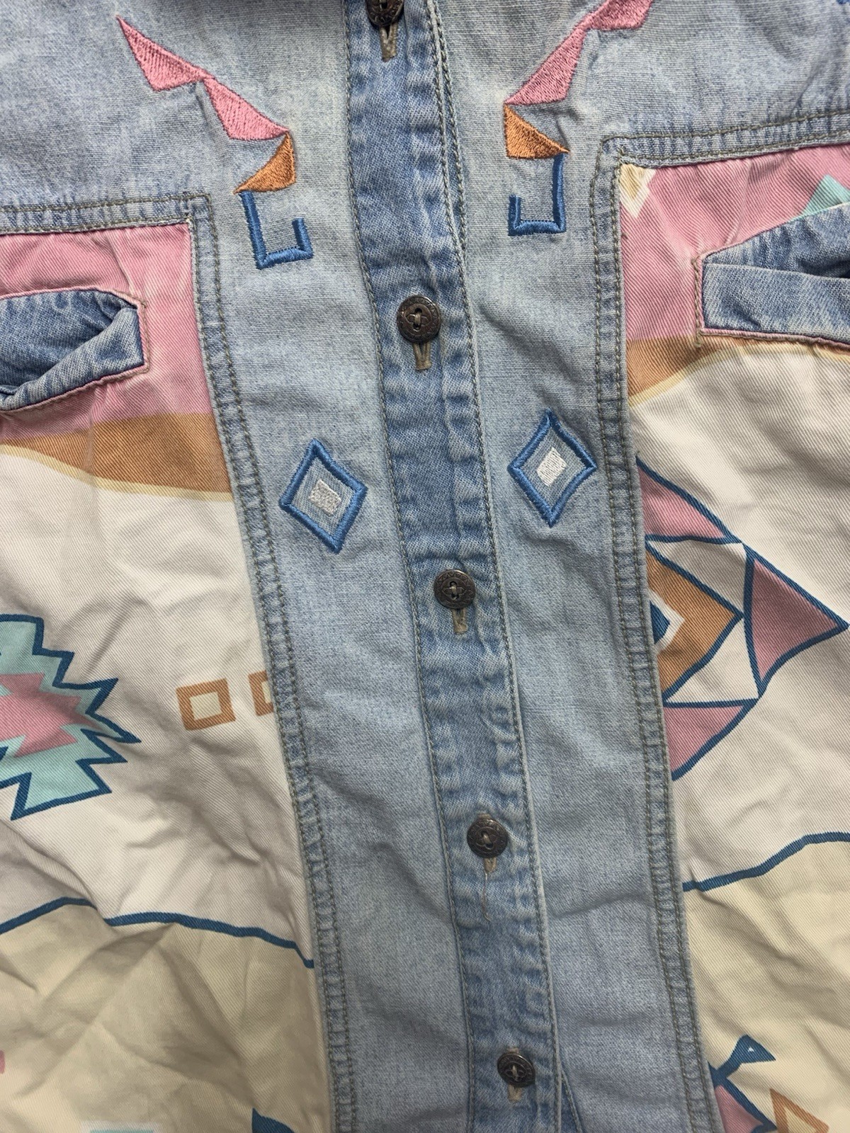 Vintage 90s INFO USA Denim Southwestern Aztec Patchwork Shirt Womens M Western