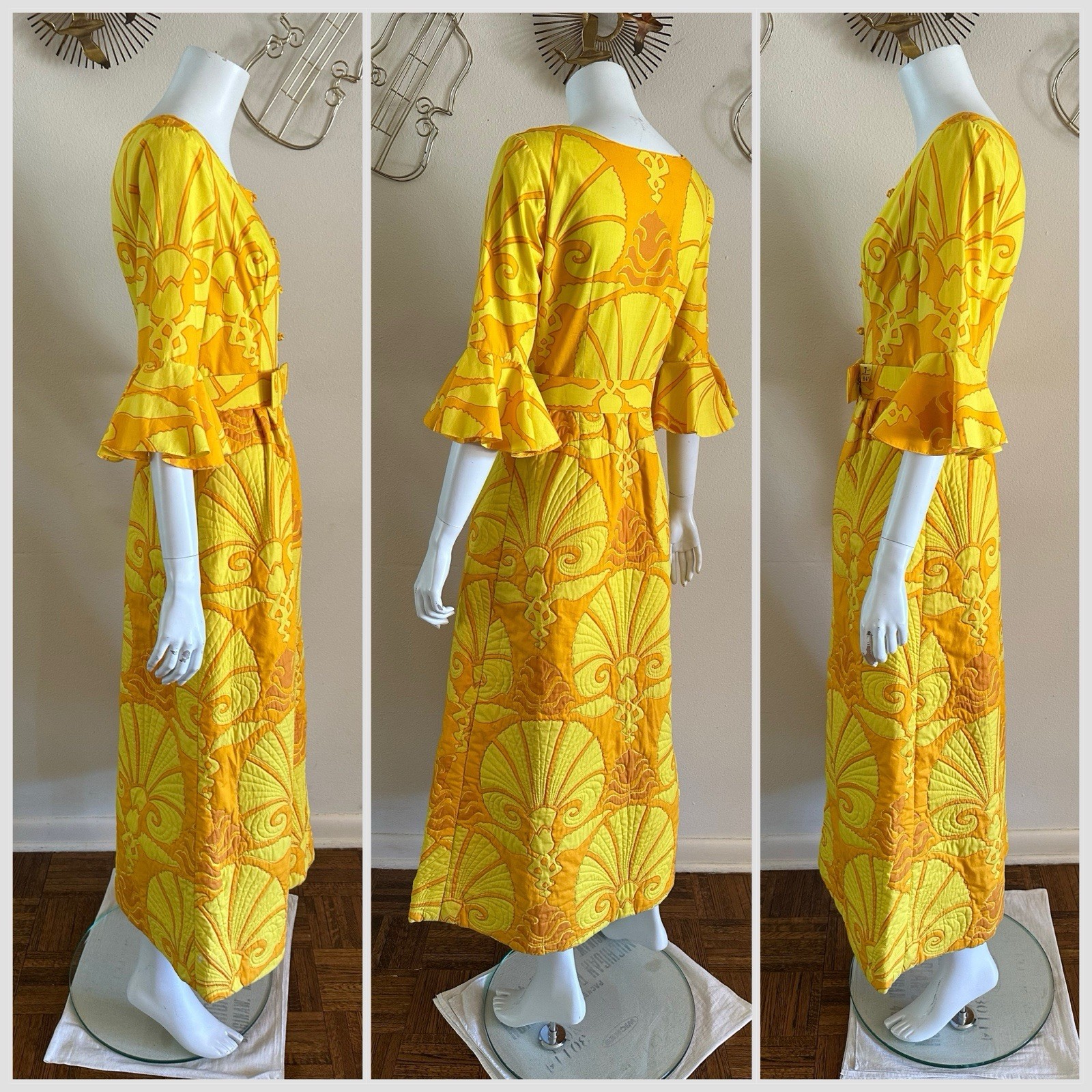 1960s Van Dee Bangkok Quilted Maxi Dress Psychedelic Bell Sleeve Resort Hostess