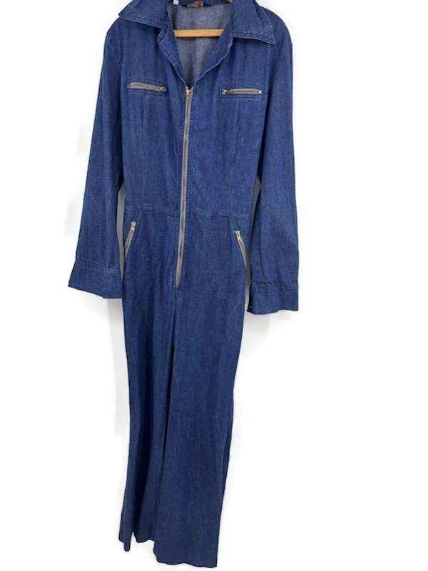 Vintage 70s Male Brand Denim Jumpsuit Size 42 Long Sleeve Zip Front Pocket Disco