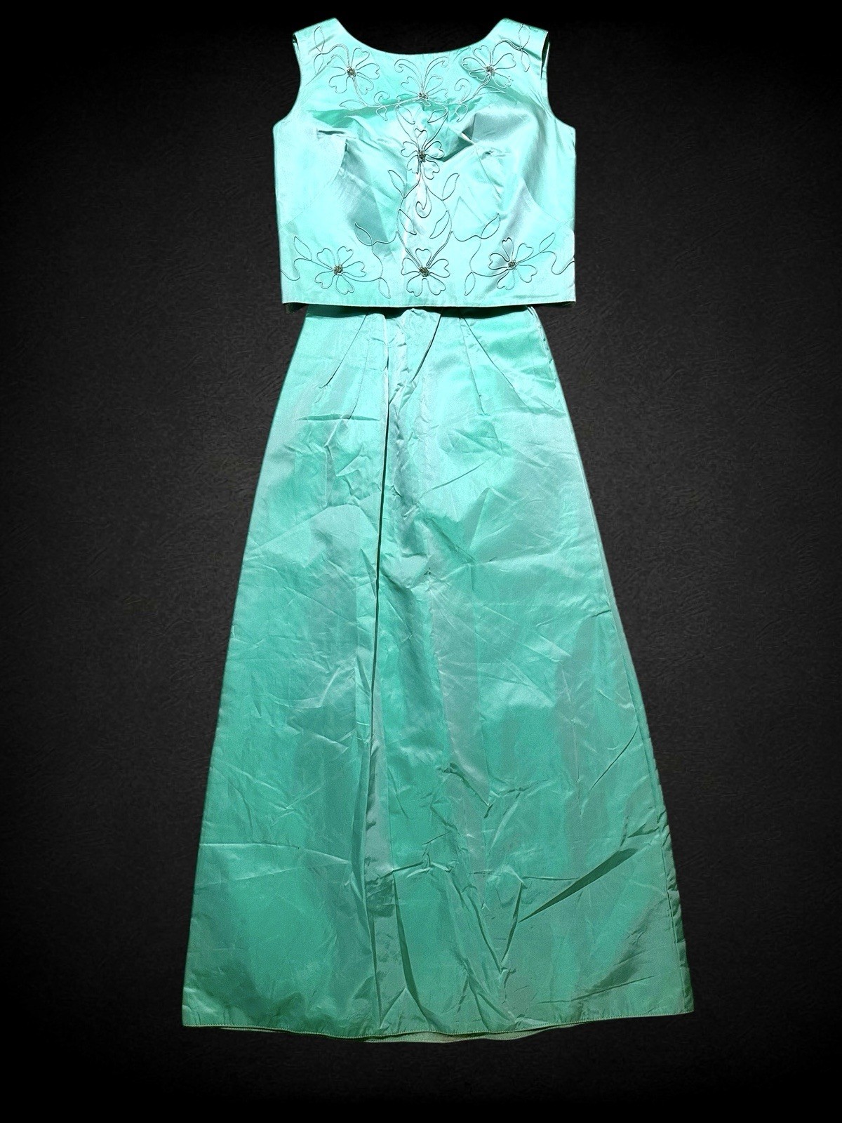 Vintage 1950S Seafoam Green Cocktail Dress Set 2pc Soutache Beaded Sheath Top XS