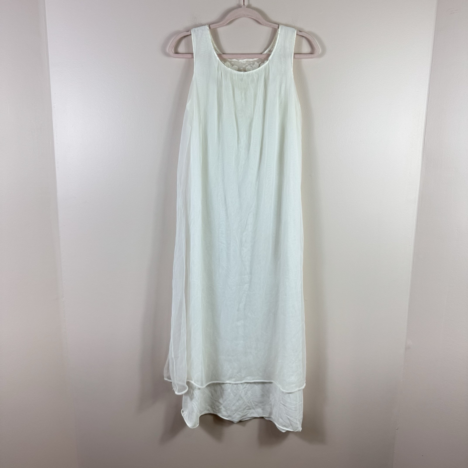 VINTAGE M ivory sleeveless satin and tulle floral lace embroidered nightgown