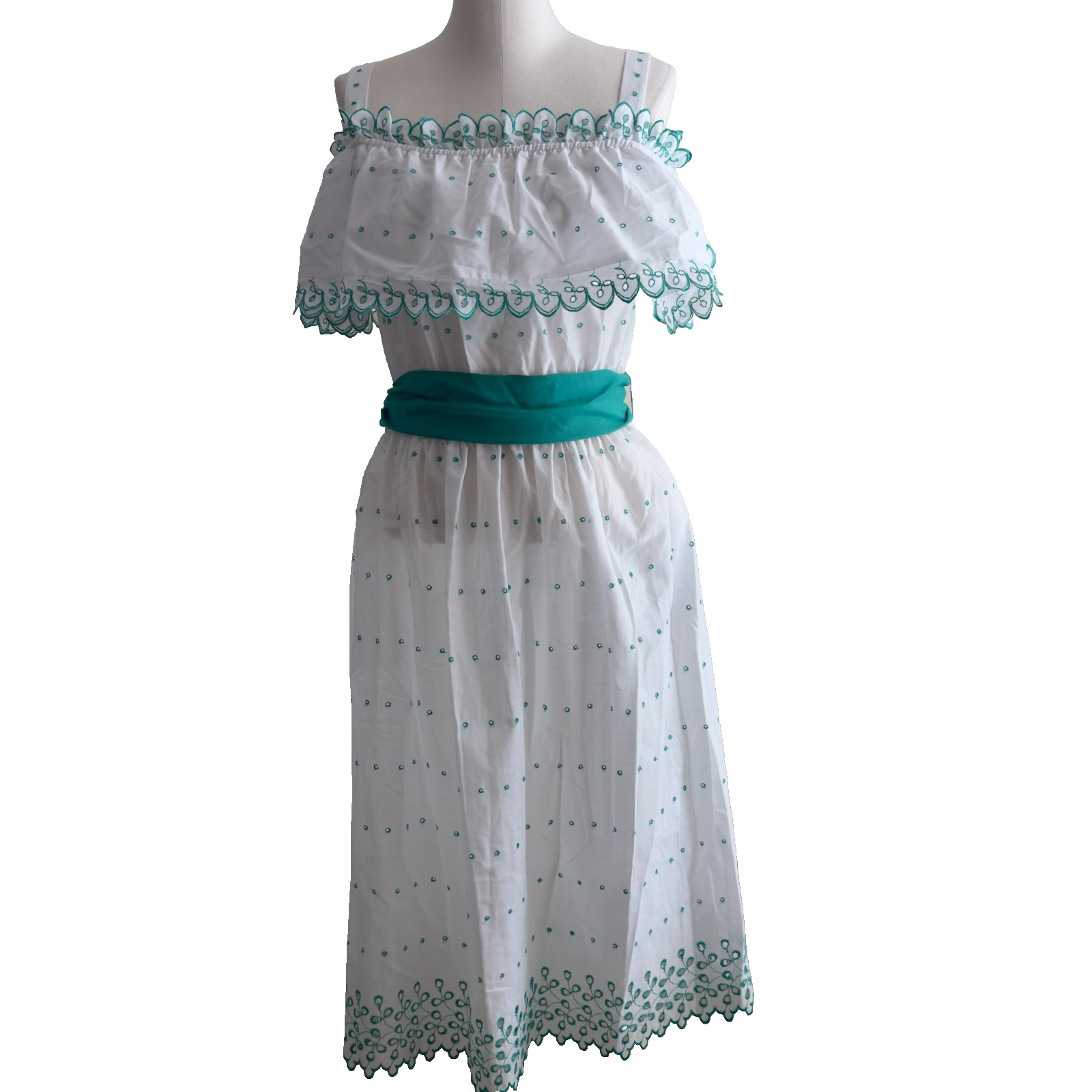 Nancy Lynn Fashions White Green Prairie Sun Dress Size 11 Cutout with Belt