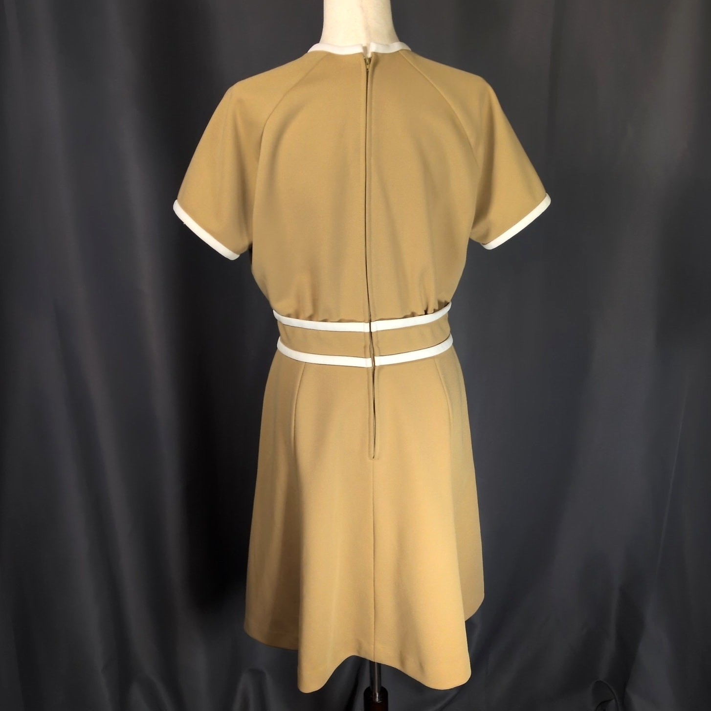Vintage 1960s Lester Paul Beige Khaki White Contrast Pleated A-Line Dress