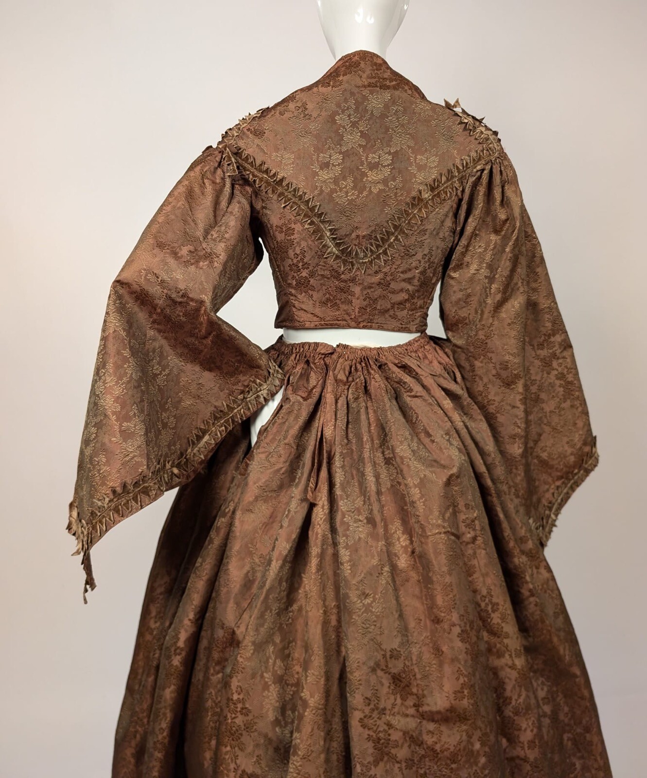 CIVIL WAR ERA 1860’S FIGURED SILK DRESS W VELVET TRIM + OVERSIZED PAGODA SLEEVES