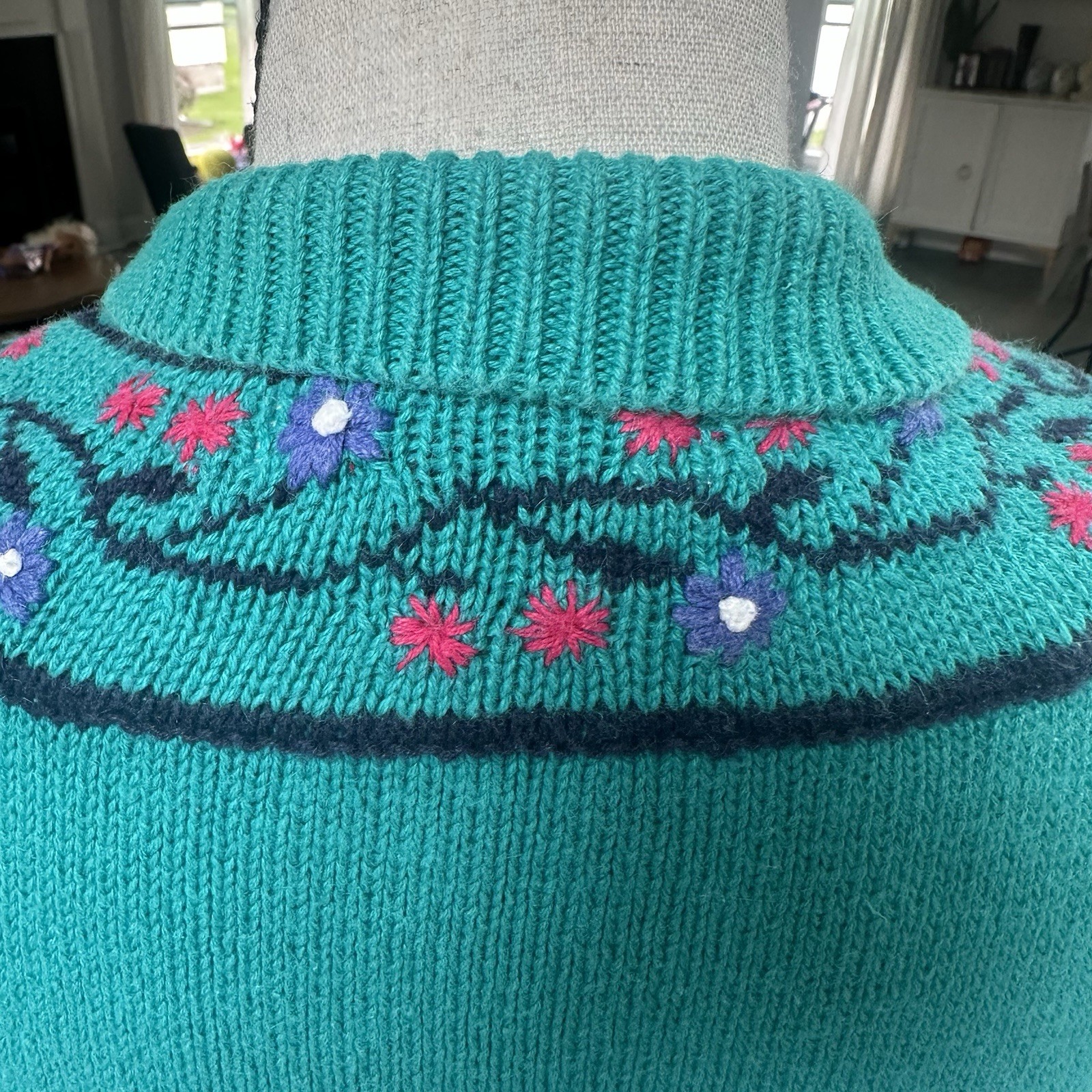 VTG 80s 90s Robert Scott Ltd Teal Knit Floral Embroidered Collared Sweater Sz M