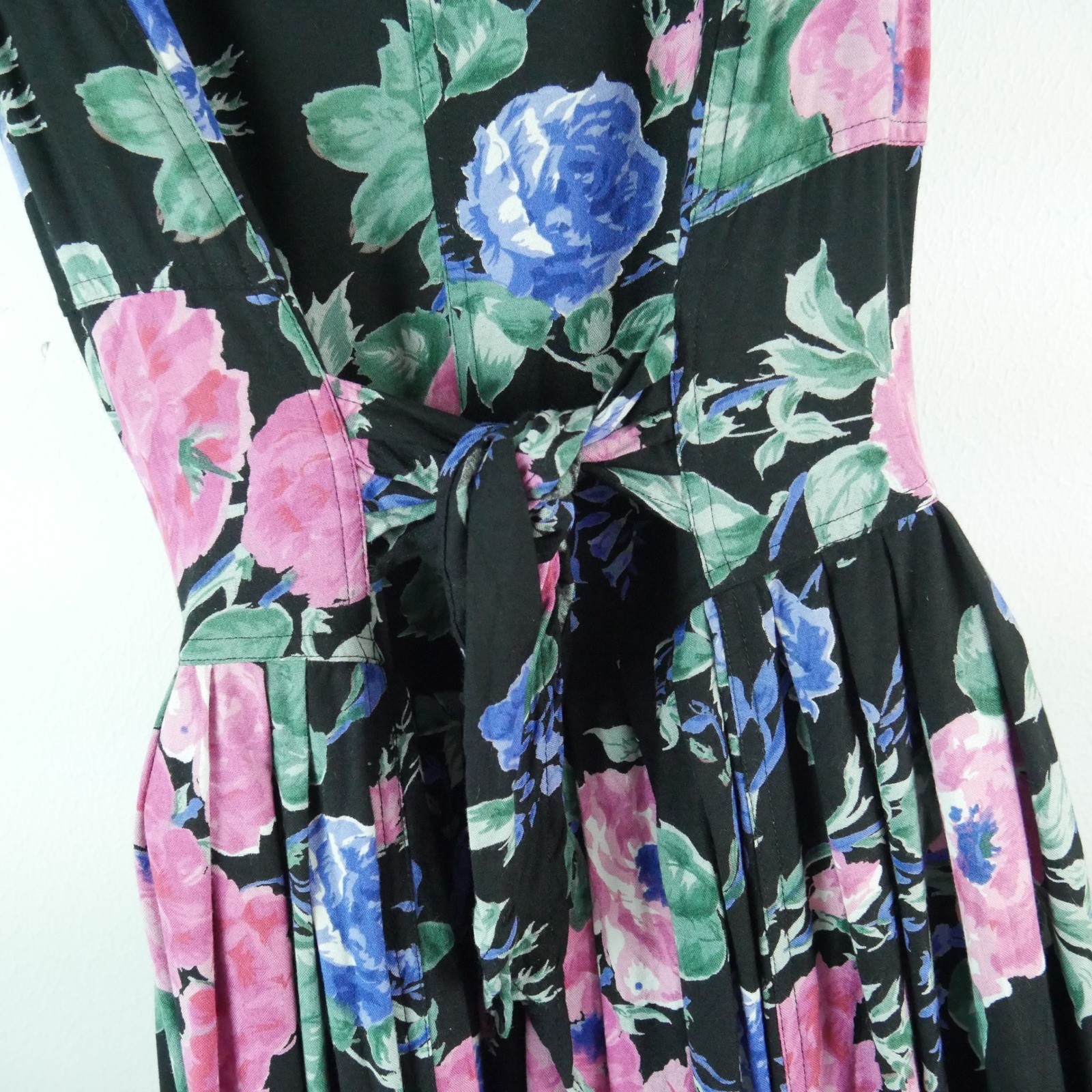 Vintage 80s Garden Party Floral Midi Dress Tie Waist Cottagecore Small 8 Tea