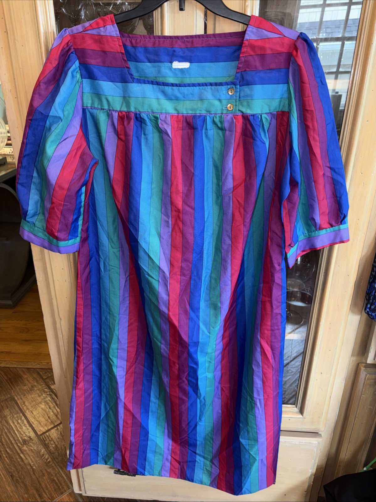 Vtg Xl 70s 80s Red Purple Blue Stripe Silky Secretary MuuMuu Style Dress ch46L44
