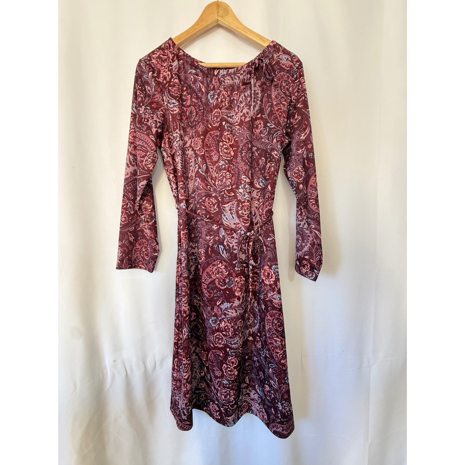 Vintage MR Fashions Paisley Floral Long Sleeve Belted Dress Burgundy Purple 18