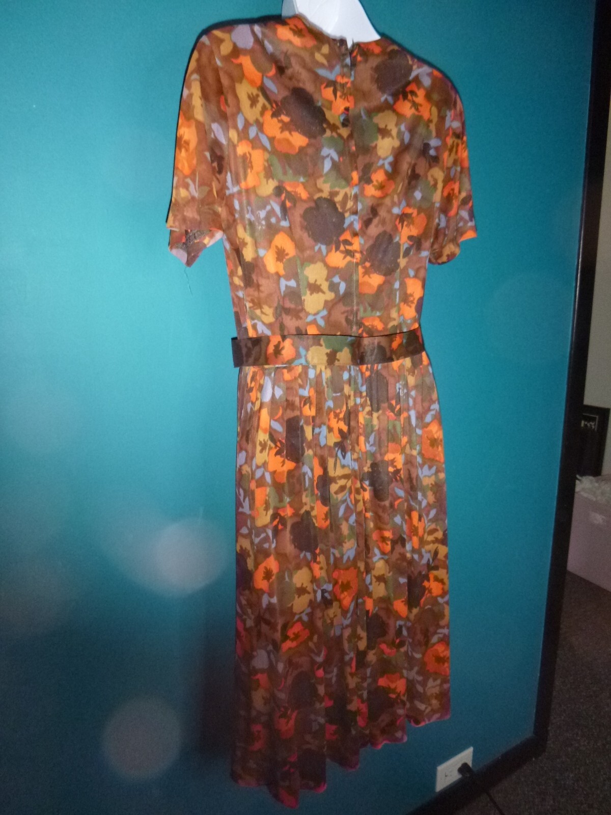Vtg 60s Nylon Stretch Fabric Dress Multi Color Brown Orange Floral Sz S/M