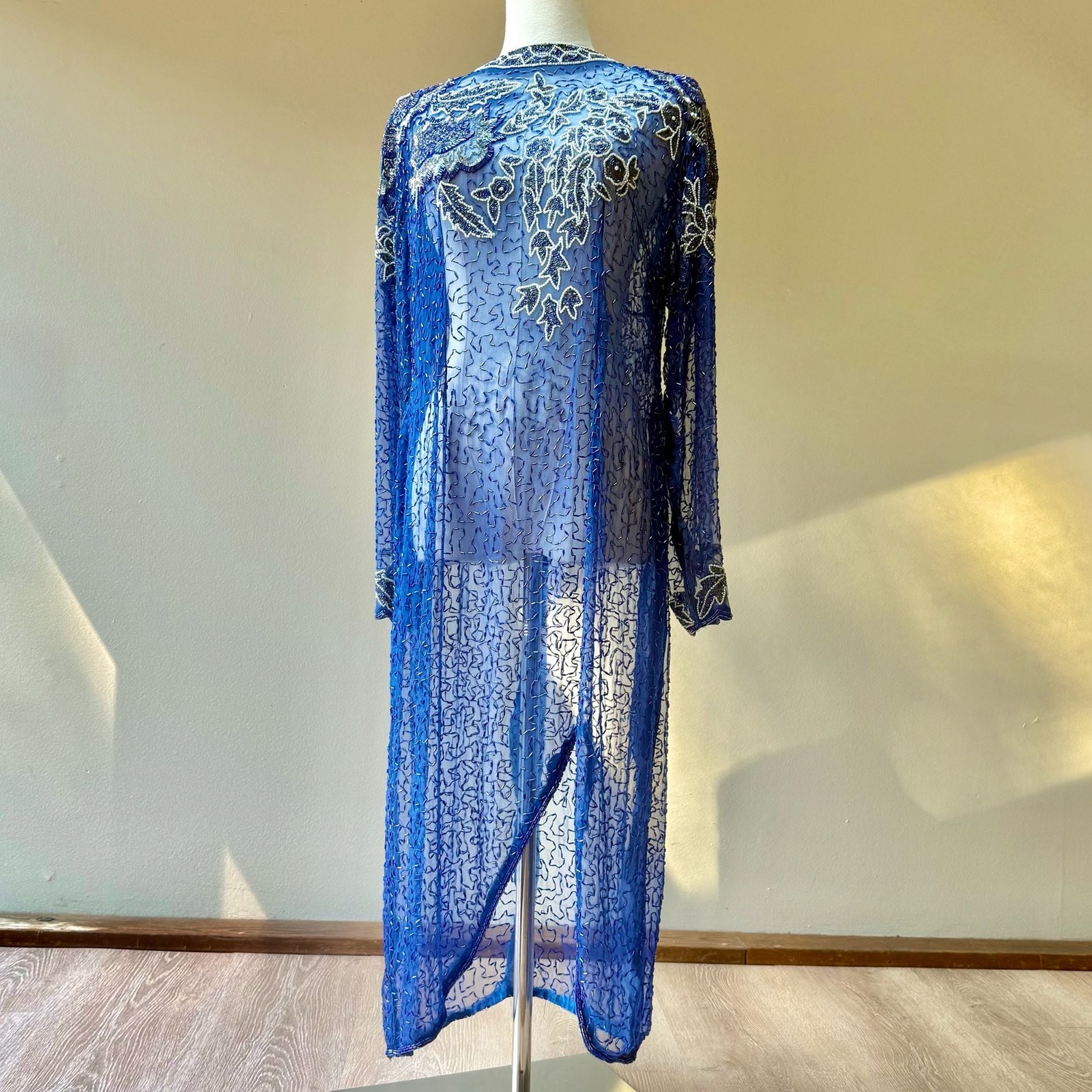 Vintage 100% Silk Beaded Evening Dress Gown Long Sleeve Royal Blue