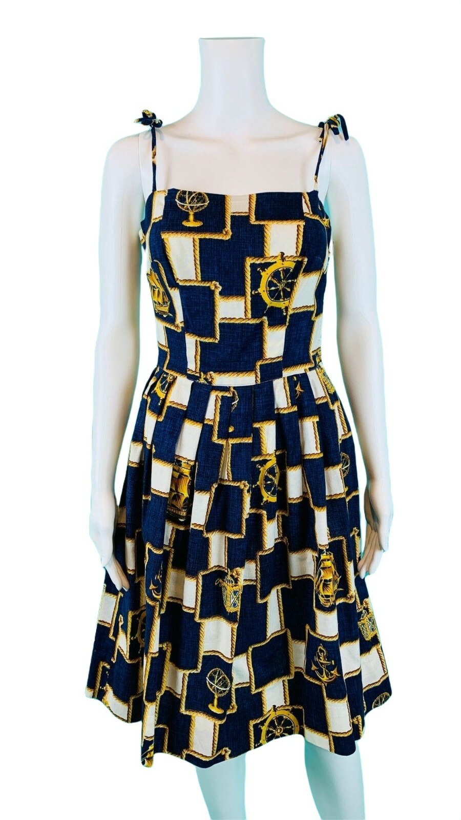 Vintage 1950s Nautical Novelty Print Dress Capelet Sundress Set W 25″
