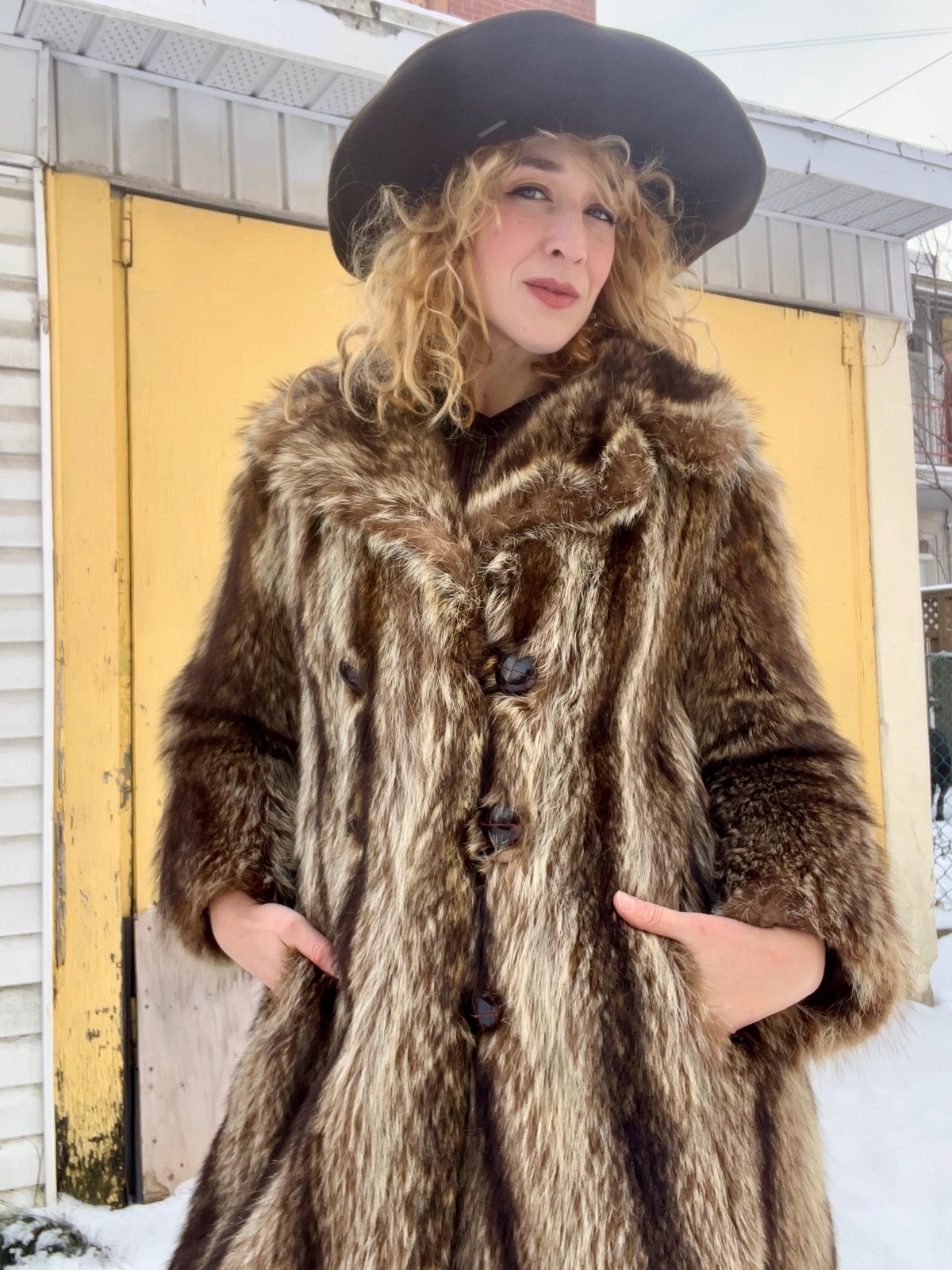 FULL LENGTH RACCOON Vintage 1970s Double Breasted Striped Racoon Fur Coat