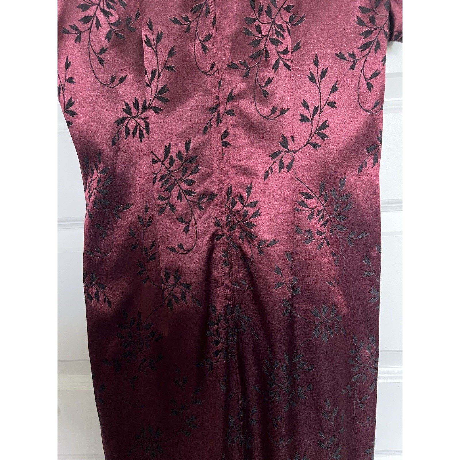 Vintage 90s Dawn Joy Satin Cheongsam Maxi Dress Burgundy Floral Goth Y2K 7/8