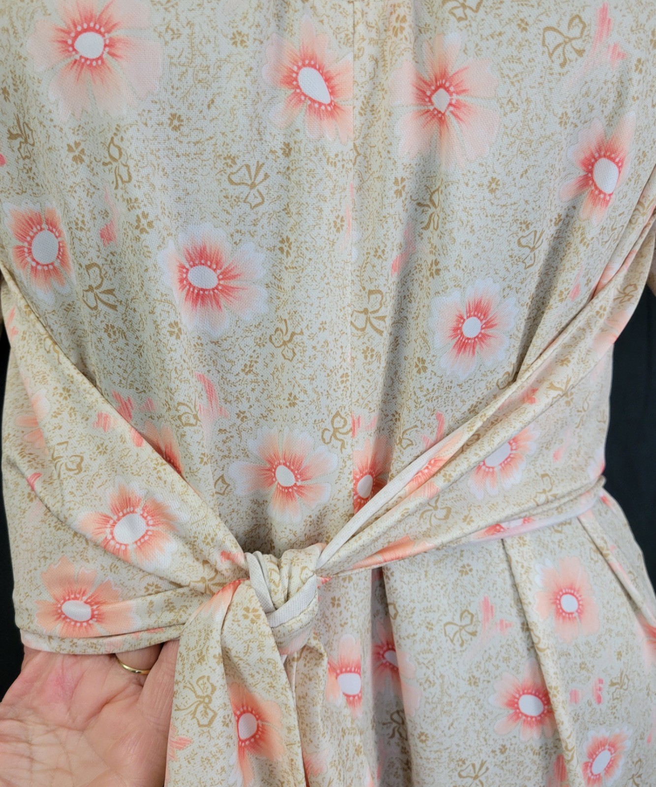 Vintage Cream/Gold/Coral Floral Dress w Wrap Around Overblouse Size XL?