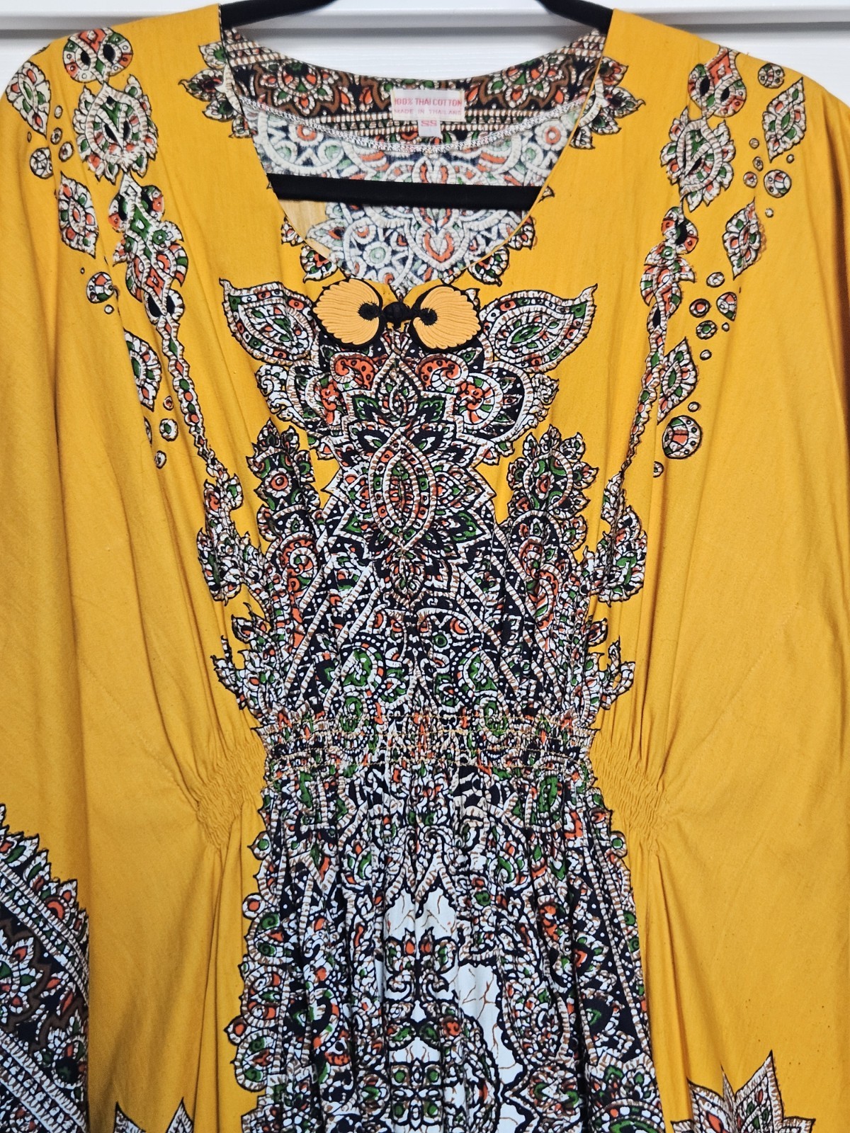 Vtg Thai Cotton Vibrant Yellow Printed Ethnic Asian Maxi Dress Kaftan XS
