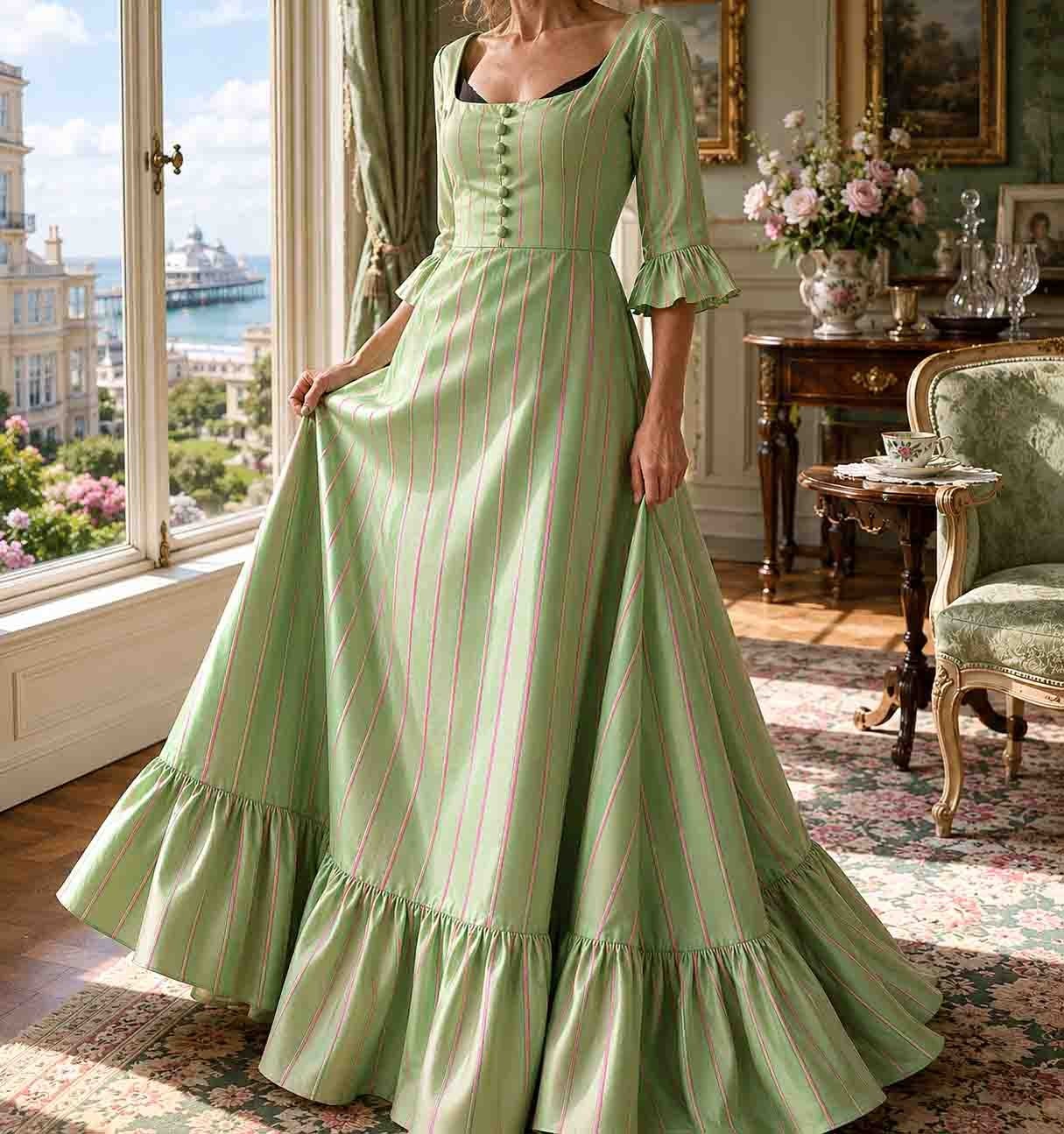 Vintage 70s Lime Green Prairie Bridgerton Empire Line Maxi Dress Small