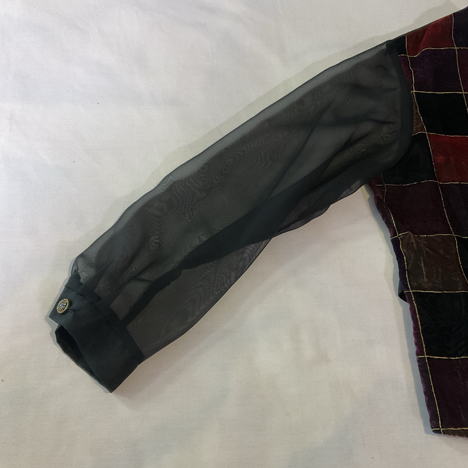 Vtg 90’s Bedford Fair Multicolor Velvet Patchwork Blouse Sheer Sleeves Sz 16P