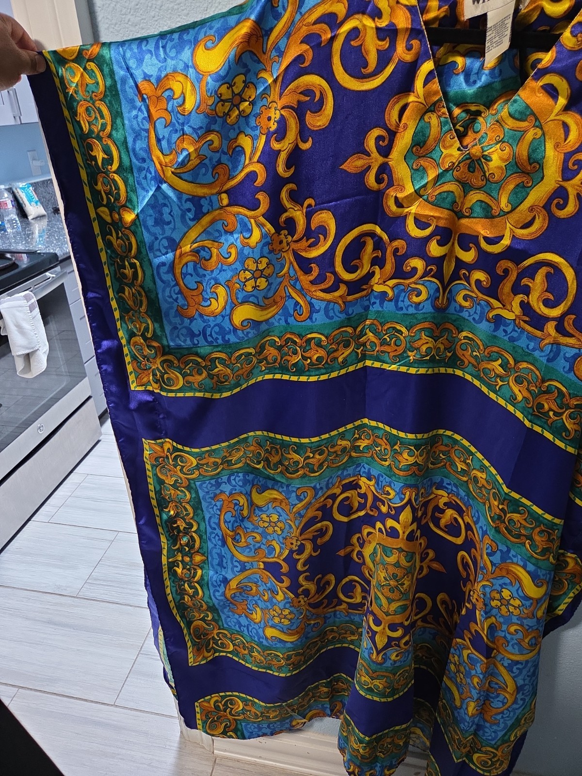 vintage 1980s Winlar satin kaftan blue and gold baroque-style print