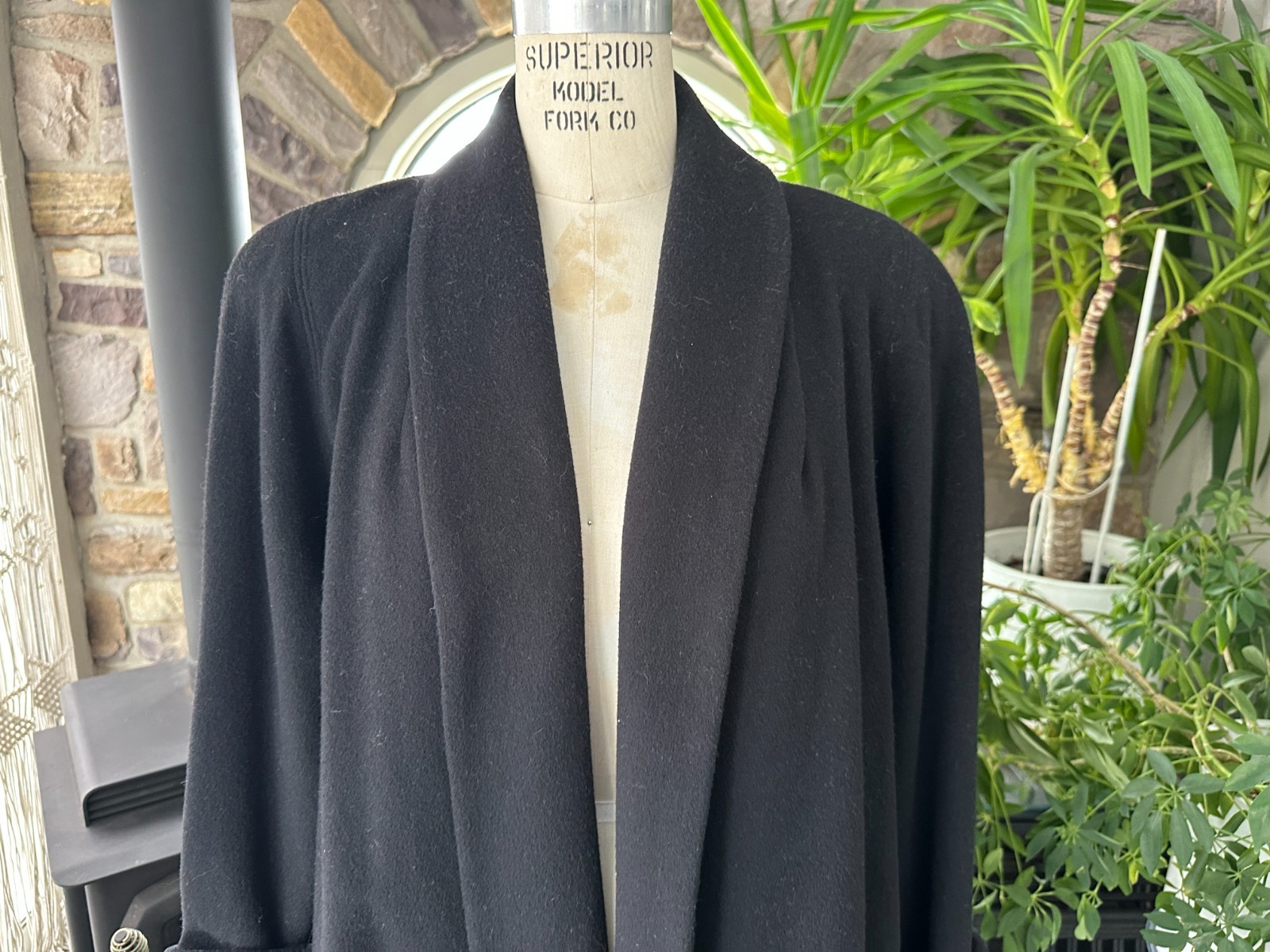Vintage 1980s Black Wool Blend Open Front Swing Coat Herman Kay