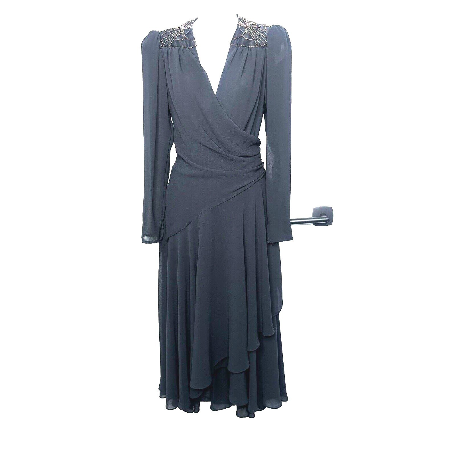 Vintage Casadei Black Chiffon Dress Beaded Shoulder RETRO GLAM SZ S