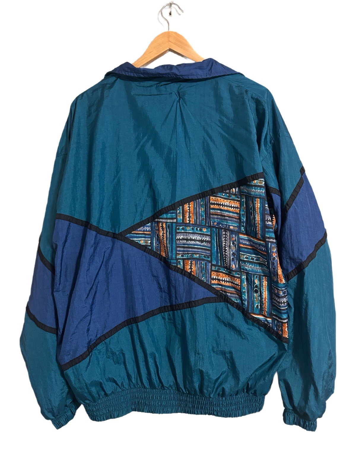 Hello 80’s Teal & Indigo Retro Pattern Windbreaker Active Wear Size Unisex XL