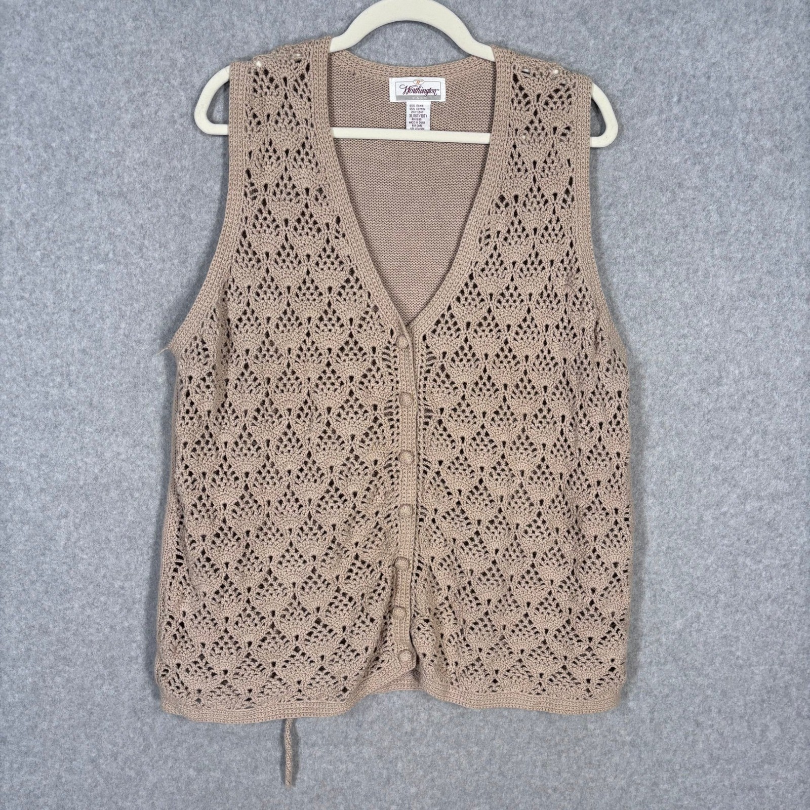 Vintage Crochet Cardigan Sweater Vest XL Tan Cottage Open Knit Granny Neutral