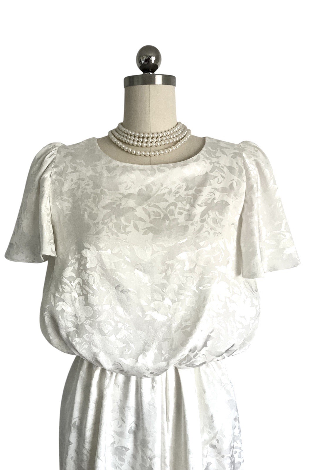 Vtg 80s Bruce Wayne USA Off White Print Ruched Dynasty Day Dress Party Wedding S
